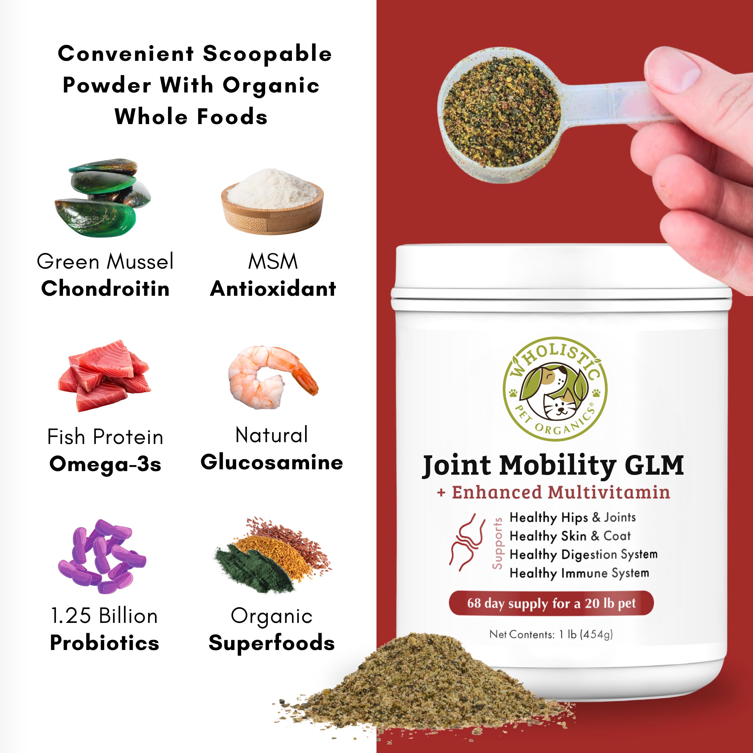 Wholistic Pet Organics Joint Mobility GLM - 1 Lb - Hip and Joint Supplement for Dogs - Glucosamine for Dogs - Chondroitin Supple