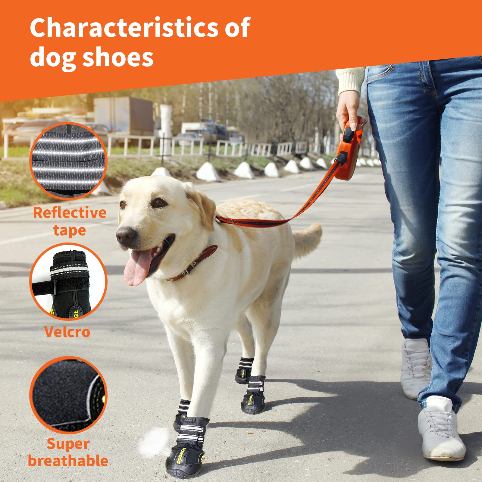 DcOaGt Dog Boots for Large Dogs, Waterproof Anti-Slip, Size 6, Black, Breathable Reflective Booties for Winter & Summer Outdoor Use