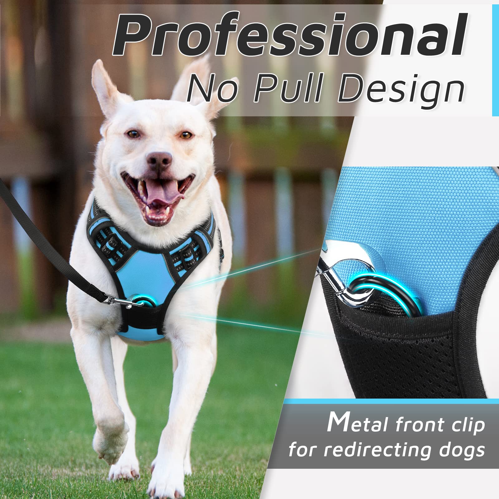 Eagloo Dog Harness For Large Dogs, No Pull Service Vest With Reflective Strips And Control Handle, Adjustable And Comfortable For Easy Walking, No Choke Pet Harness With 2 Metal Rings, Sky Blue, L