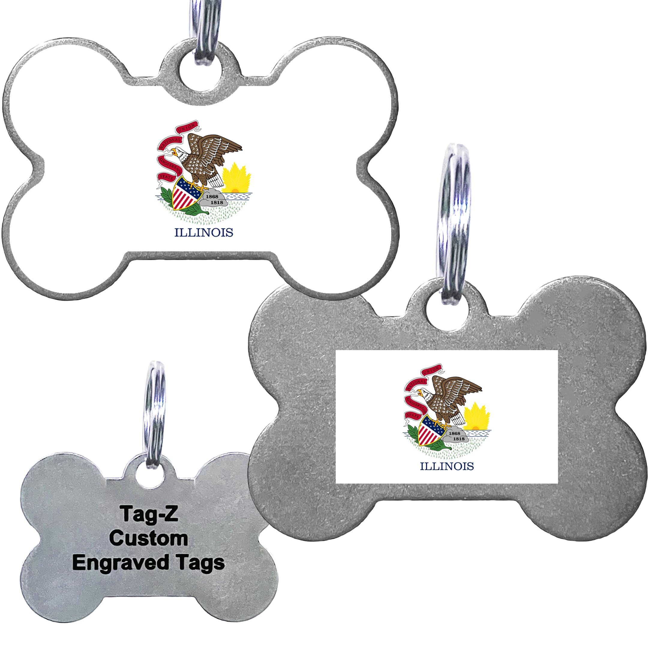 Illinois Flag Pet Id Tags, Custom Printed And Laser Engraved Bone