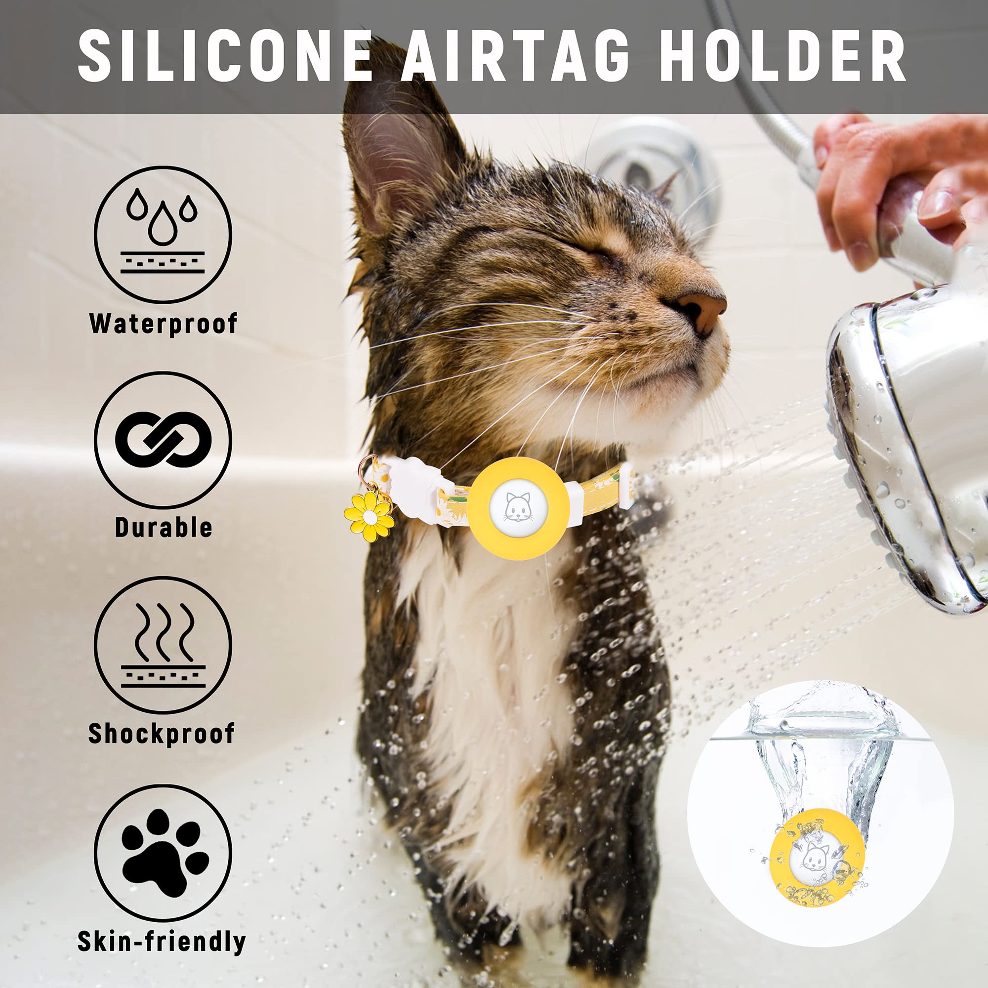 Airtag Cat Collar, Jxfukal Kitten Collar Breakaway With Silicone Airtag Holder, Bells & Flower Charm For Girl Cats Boy Cats Small Dogs(Yellow)