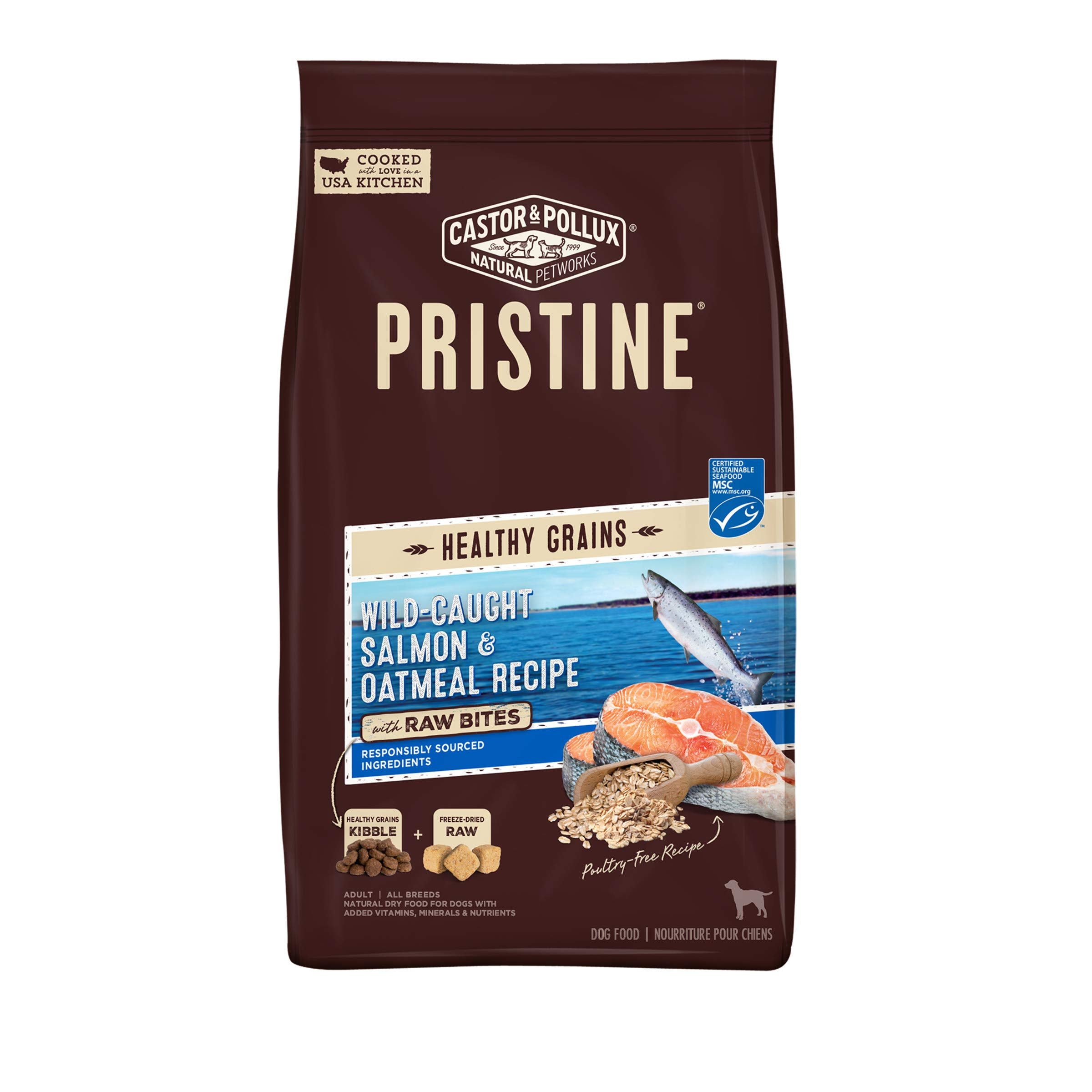 Castor & Pollux Pristine Salmon & Oatmeal with Raw Bites Dog Food 4Lb, 64 OZ
