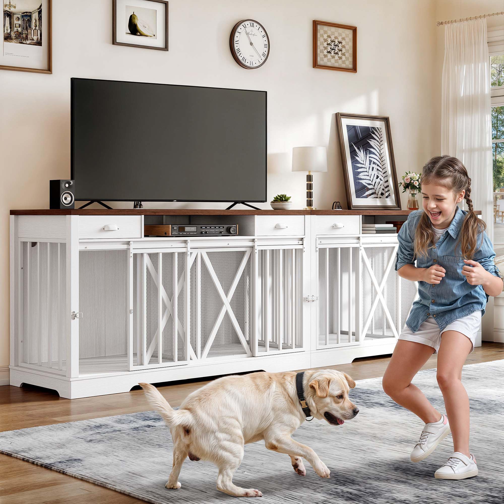 DWVO Double Dog Crate Furniture, Heavy Duty Wooden TV Stand, 62.6"L x 23.2"W x 35.4"H, White, Model MADWVd2h6