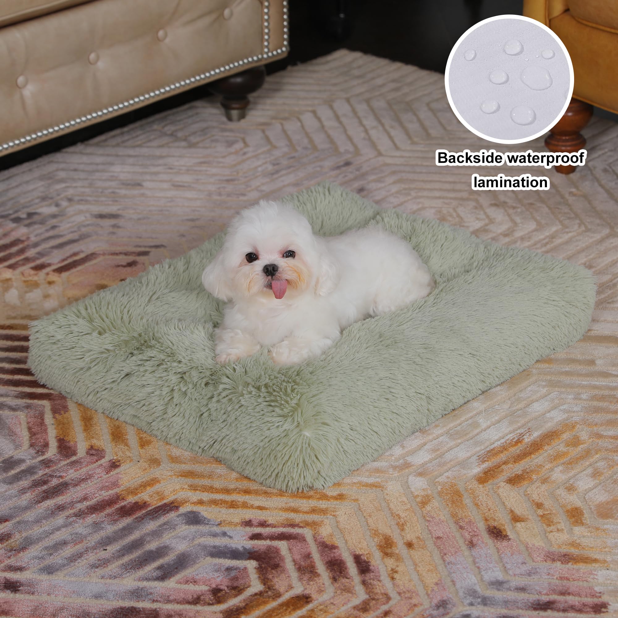 Bedfolks Plush Waterproof Dog Crate Pad, Removable Cover,Faux Fur Dog & Cat Bed, Washable Kennel Bed 21''X13'',Sage Green