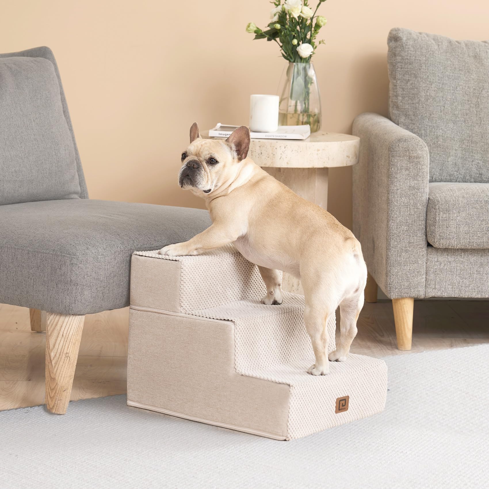 Eheyciga Dog Stairs For Small Dogs 13.5' H, 3-Step Dog Steps For Couch Sofa And Chair, Pet Steps For Small Dogs And Cats, Non-Slip Balanced Dog Indoor Ramp, Beige