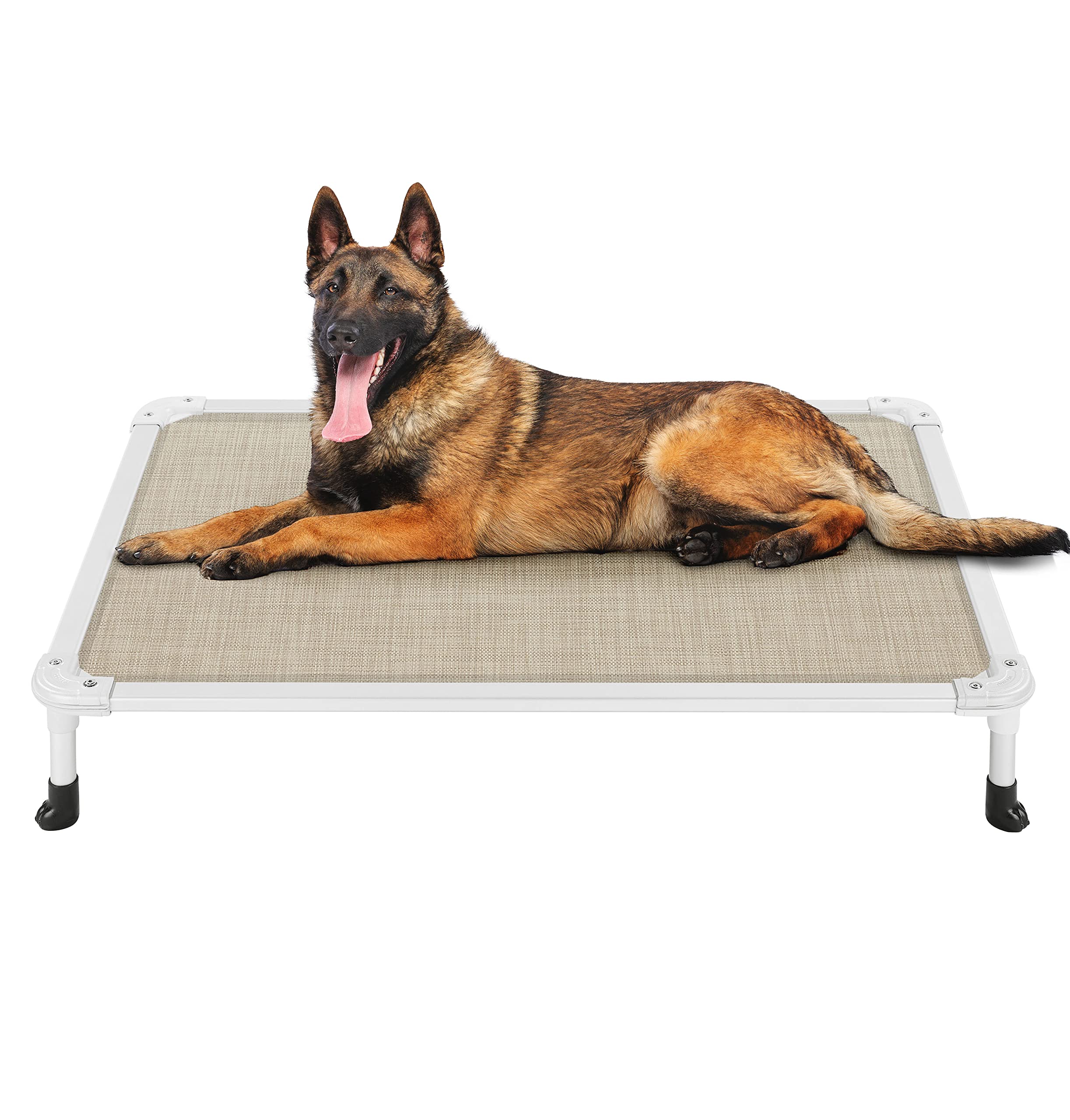 Veehoo Chew Proof Elevated Dog Bed - Cooling Raised Pet Cot - Silver Aluminum Frame And Durable Textilene Mesh Fabric, Unique Designed No-Slip Feet For Indoor Or Outdoor Use, Beige Coffee, Large