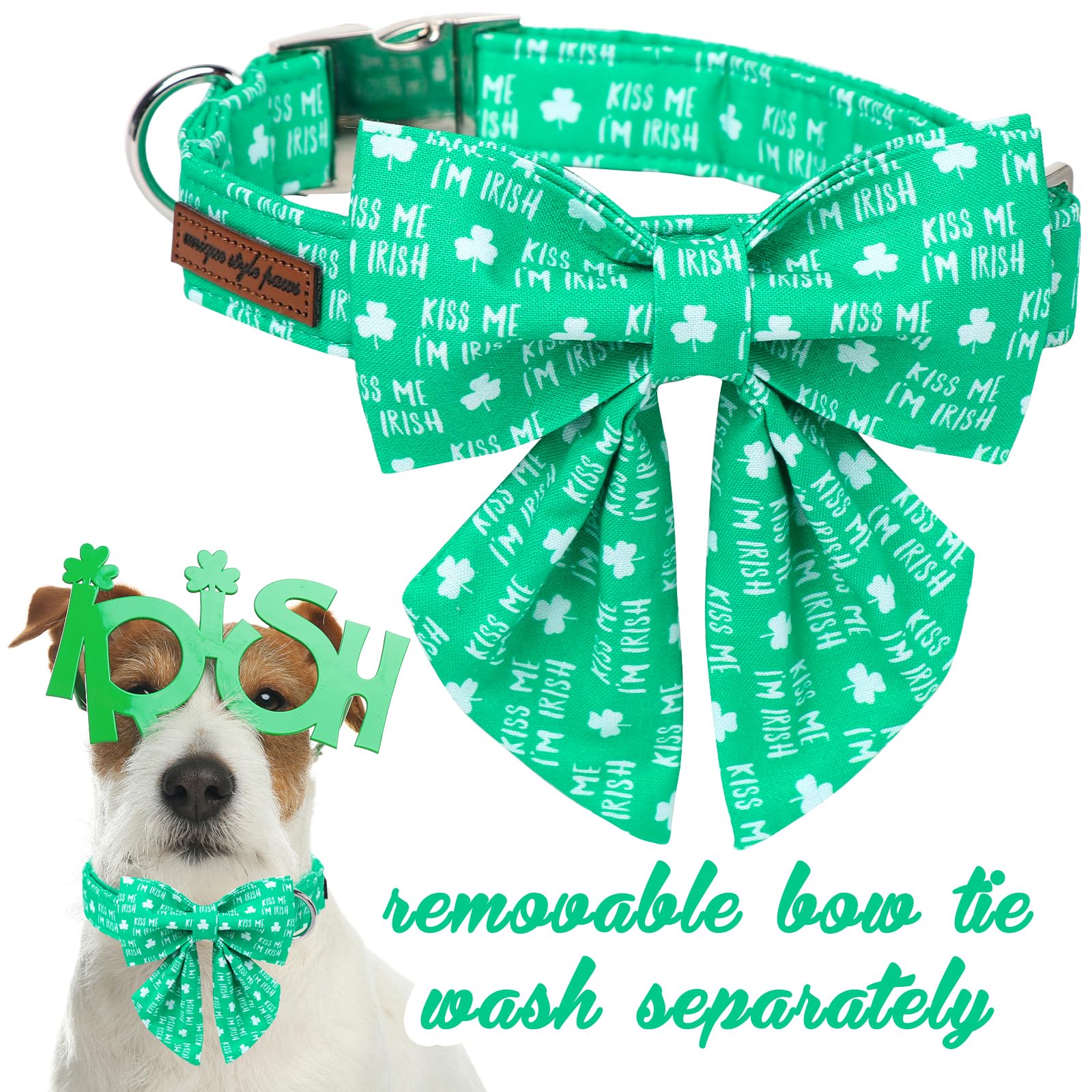 Unique Style Paws St. Patrick'S Dog Collar With Bow Green Clover Dog Collar Bowtie Puppy Collar For Large Medium Small Dogs
