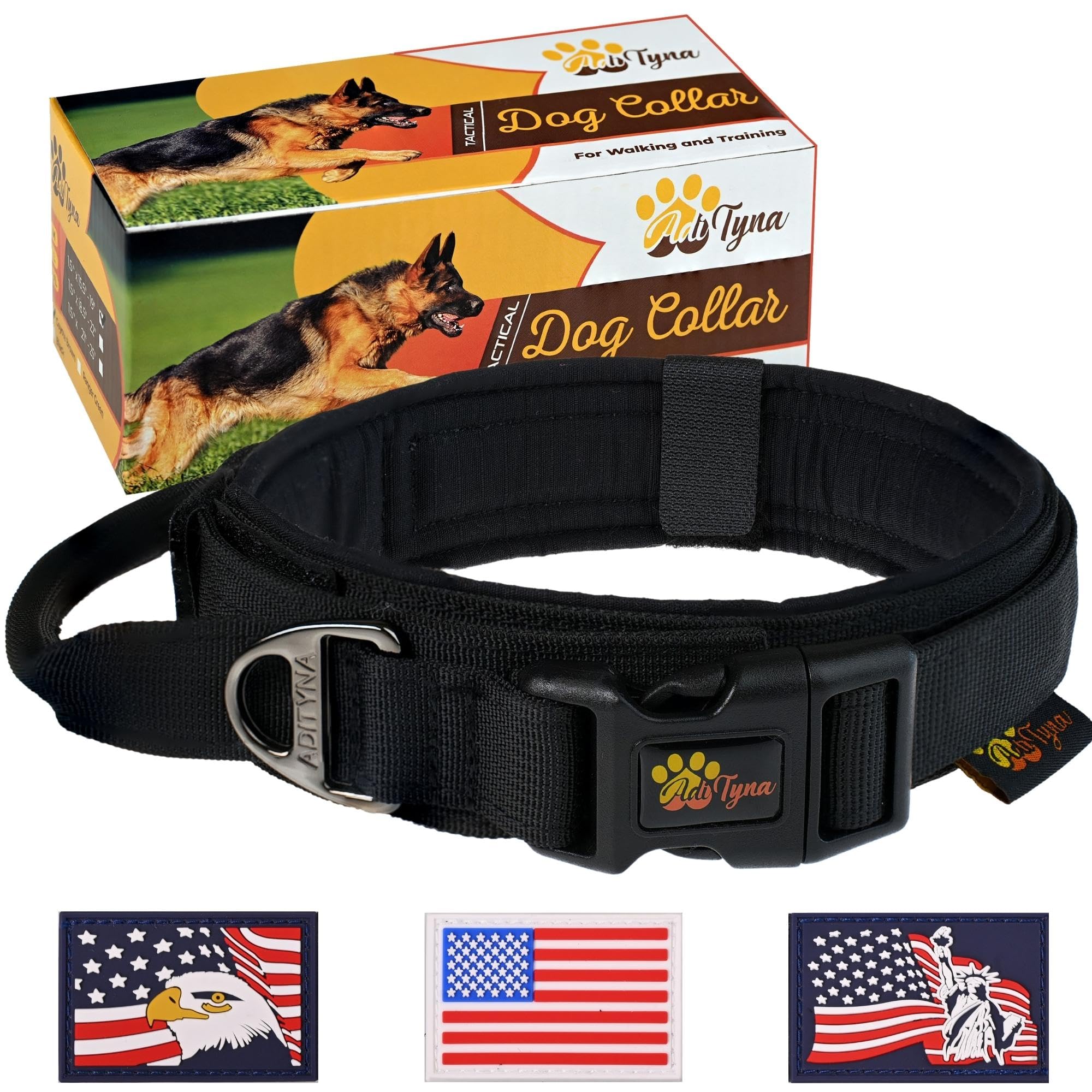 Adityna - Tactical Dog Collar For Large Dogs - Soft Padded, Heavy Duty, Adjustable Black Dog Collar With Handle For Training And