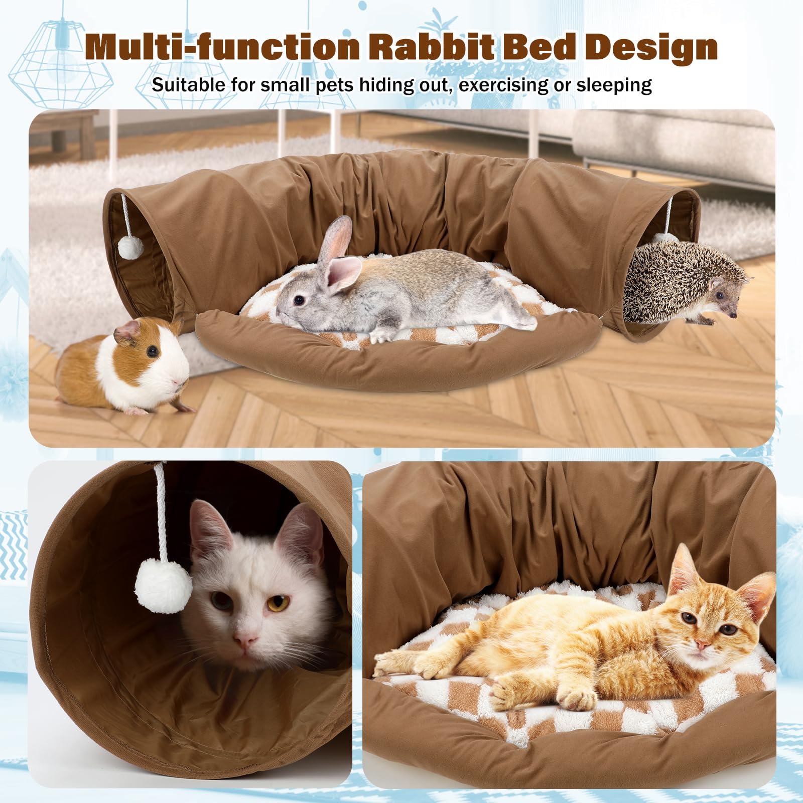 Bwogue Bunny Tunnel Bed, 2-In-1 Collapsible Tunnel Tubes Toys With Removable Mat Hideout For Cats Kittens Rabbits Guinea Pigs Ki