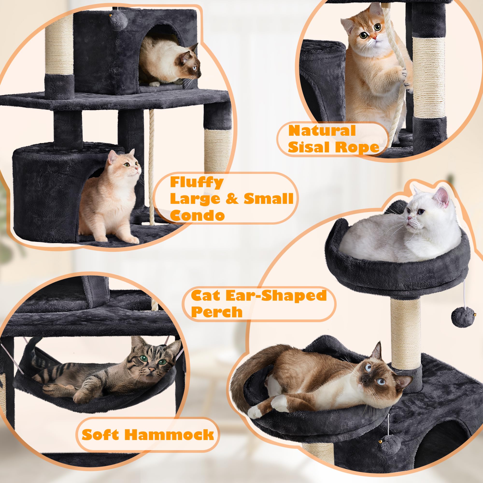Yaheetech 62.5Inches Cat Tree Cat Tower Cat Condo With Platform & Hammock, Scratching Posts For Kittens Pet Play House With Plus