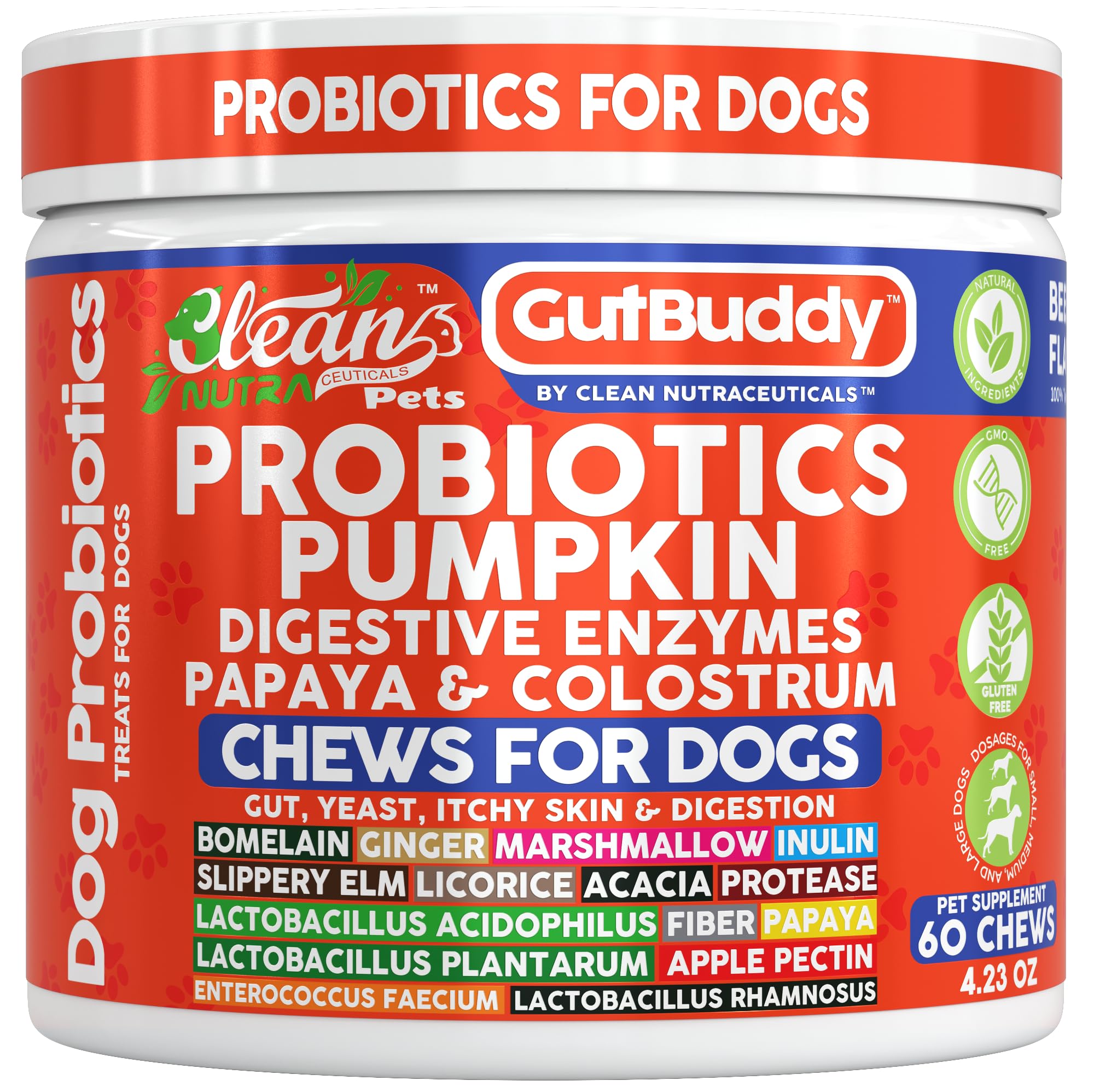 Gut Health Probiotics for Dogs + Pumpkin Colostrum Digestive Enzymes Ginger Slippery Elm Licorice Inulin Fiber Soft Chews Dog Pr