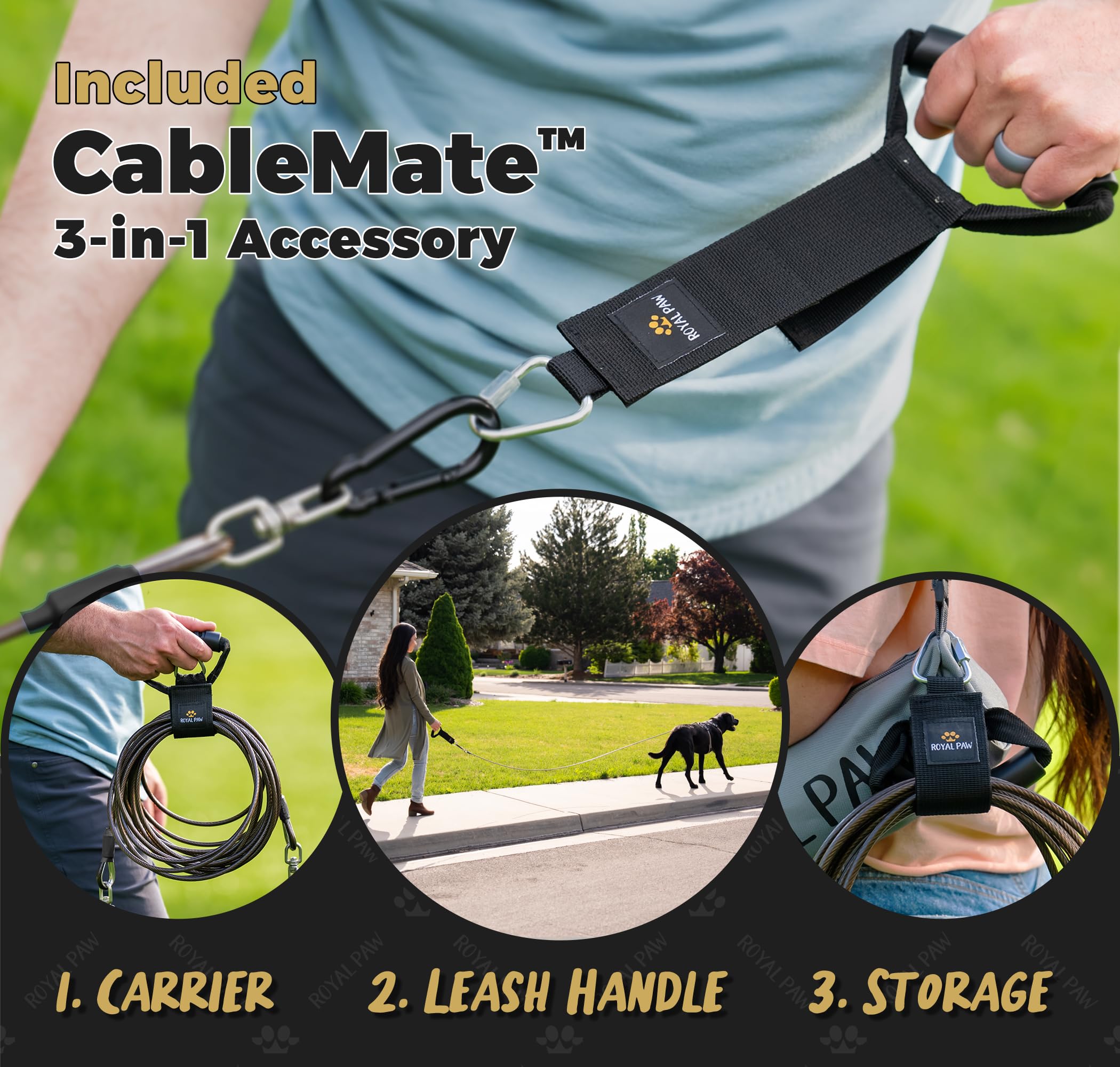 ROYAL PAW Dog Tie Out Cable - Heavy Duty 20ft for Dogs up to 300 lbs - Marine Grade Stainless Steel - Black Onyx