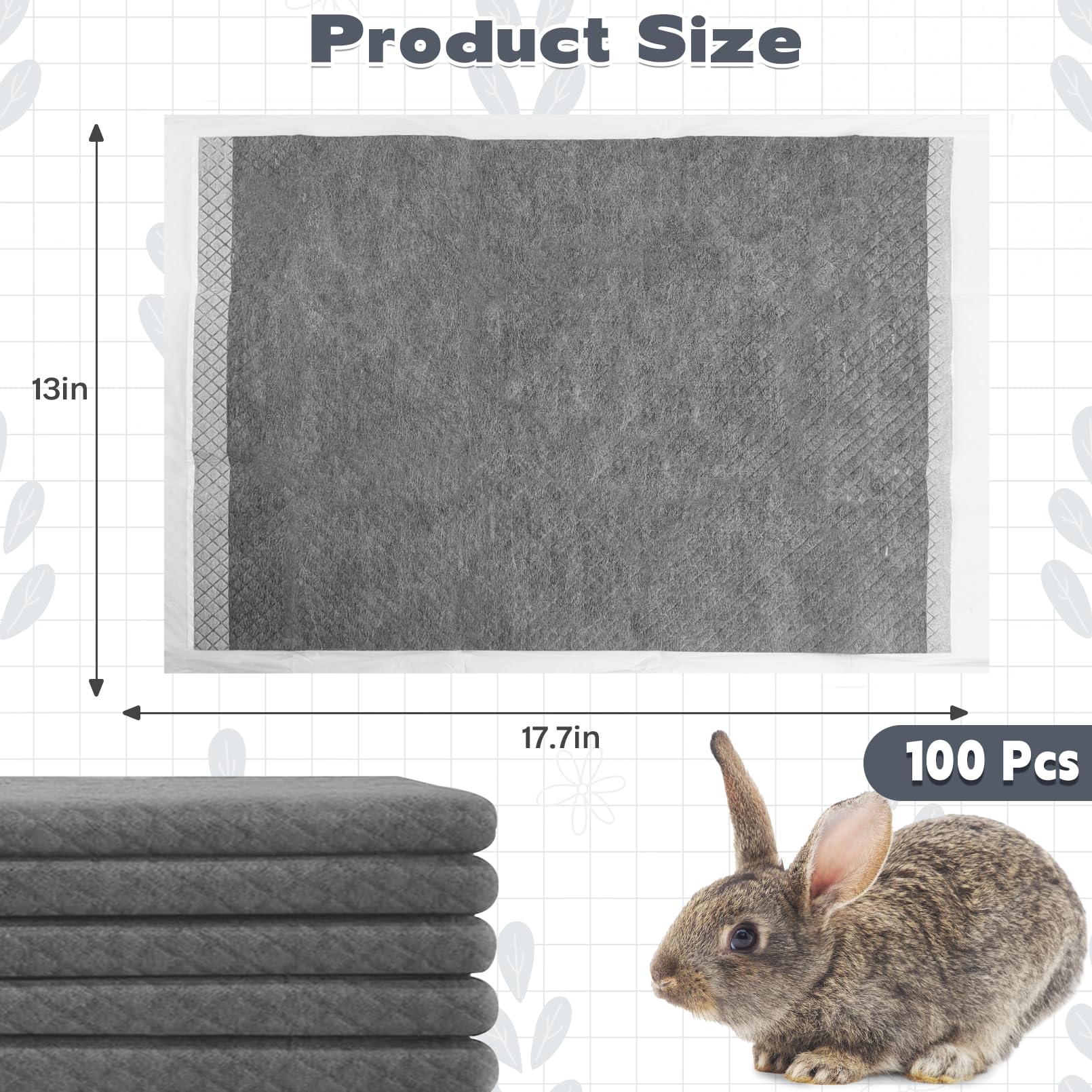 Kathson 100Pcs Rabbit Pee Pads 18   13In Disposable Cage Liners Super Absorbent Black Carbon Odor-Control Bunny Training Pad Wit