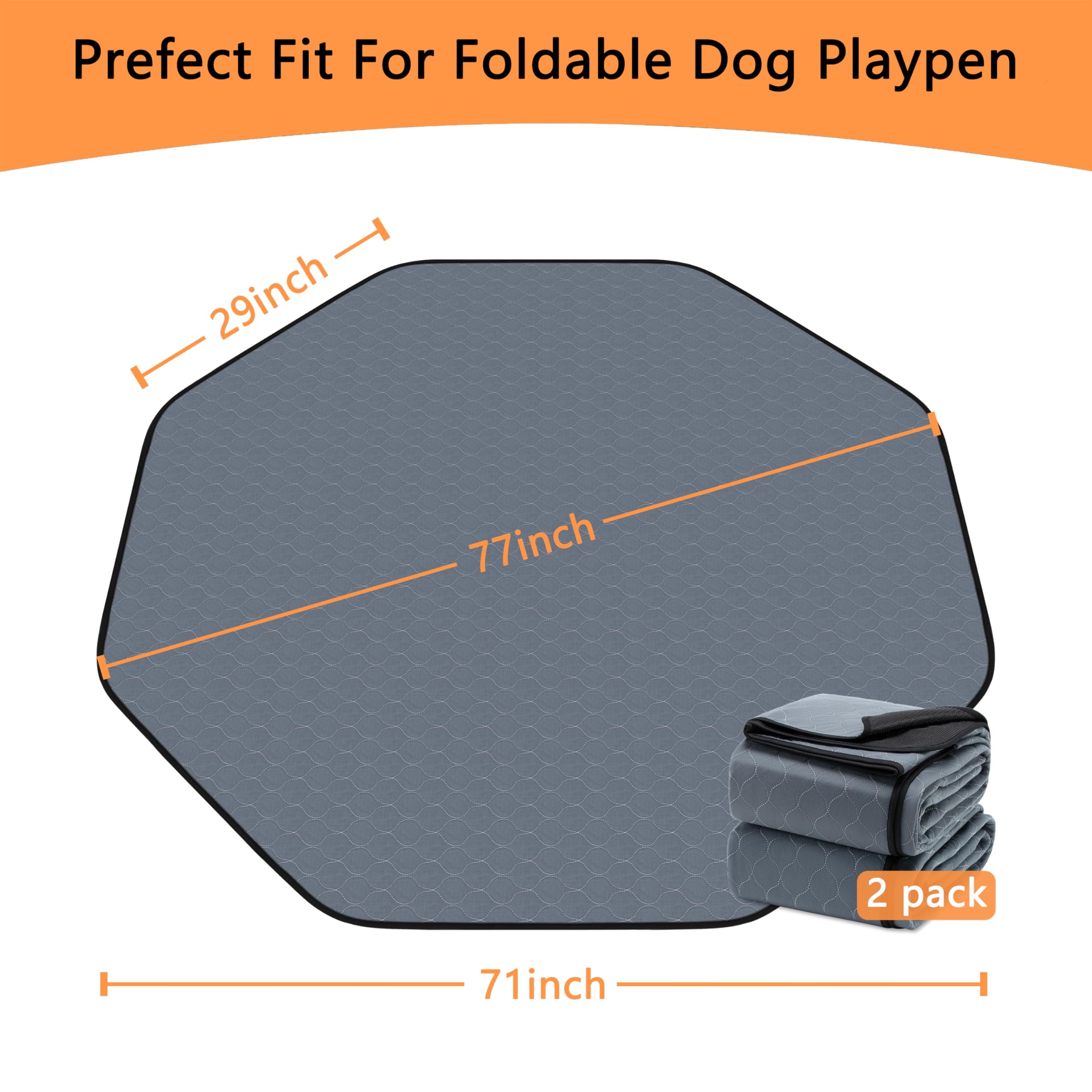 Bunlitent Washable Pee Pads For Dogs, 2 Pack, Grey, Polyester, Reusable Pet Training Pads, Octagon, 71'' Diagonal, Non-Slip, Sup