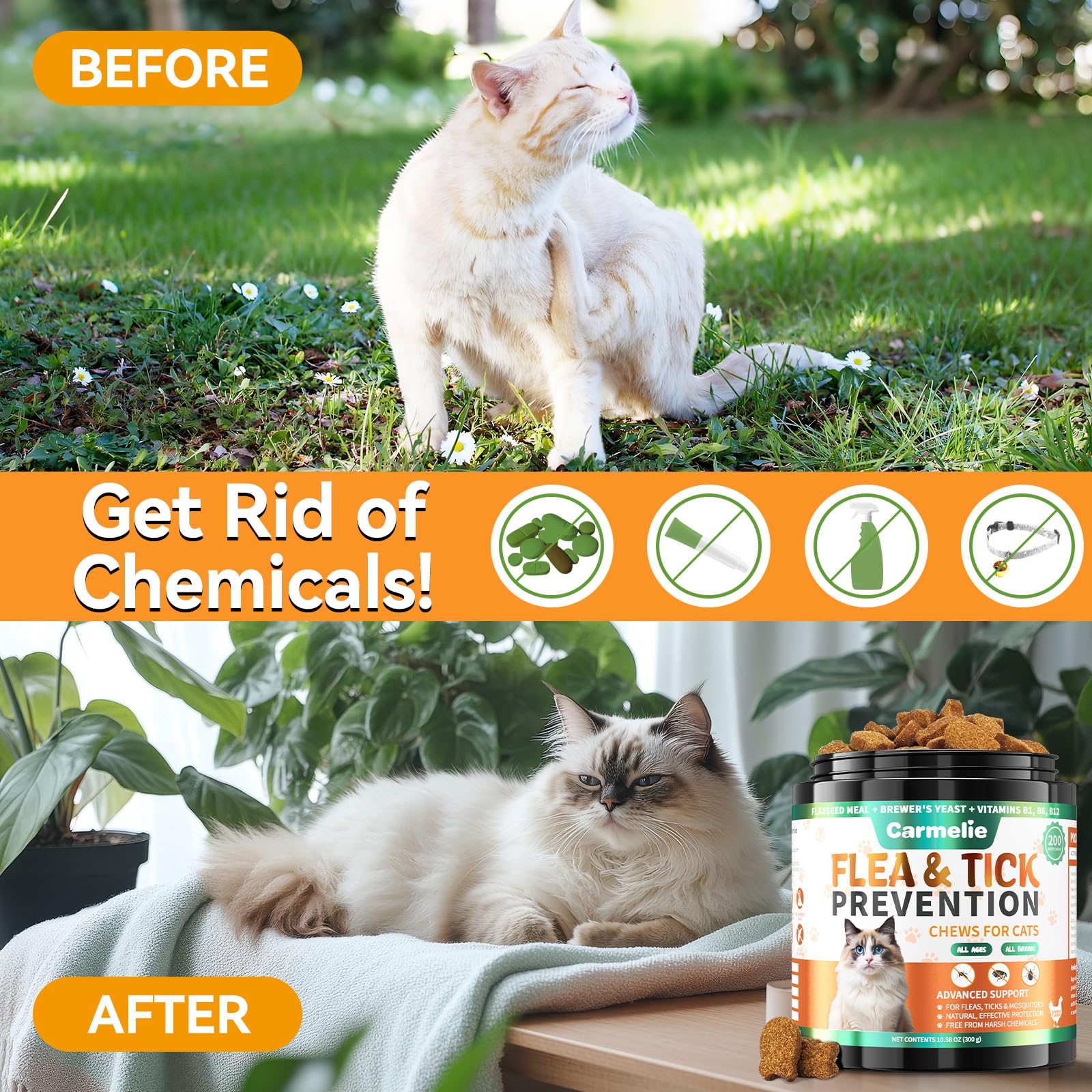 Flea and Tick Treats for Cats - 200 Chews Flea and Tick Prevention for Cats Chewables - Kitten Flea Treats Soft Treats for All B