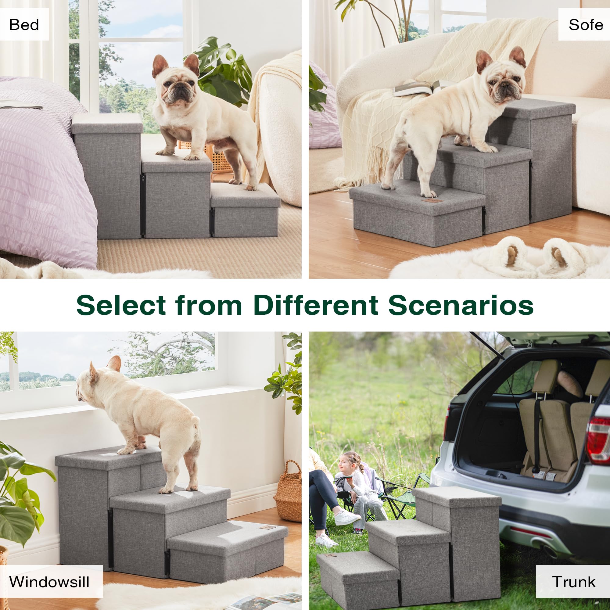 Love'S Cabin Dog Stairs For High Bed 18'H,Foldable Pet Stairs For Small Medium Or Large Dogs Puppy With Storage For Bed Or Couch, Cat Dog Steps Ramp With Zip Up To 210 Lbs(Solid Grey,3 Steps No Condo)