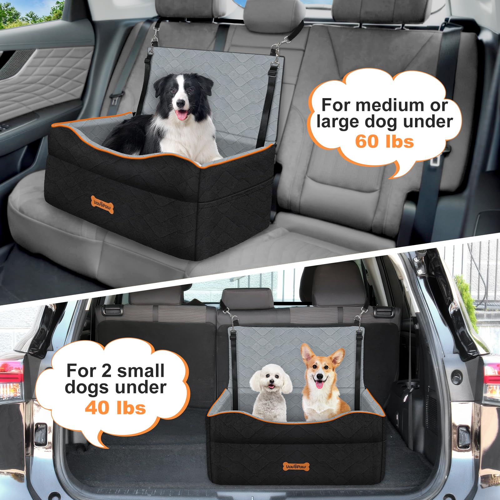 VavoPaw Car Seat for Large Medium Dog, Dog Booster Seats Under 60Lbs or 2 Small Dogs Washable, Pet Car Seats with 2 Safety Leash