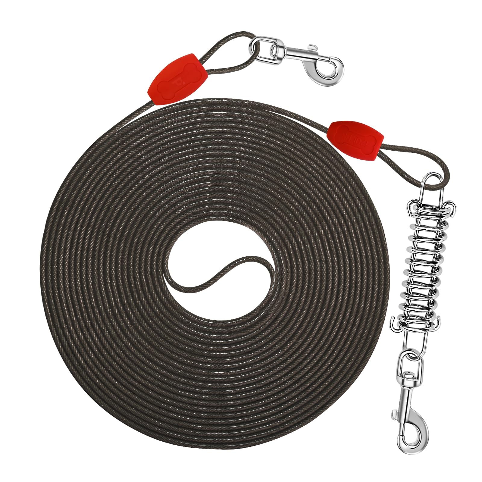 Petbobi Dog Tie-Out Cable 30Ft - Outdoor Leash 4Mm Metal Cable With Shock Absorbing Spring 360 Swivel Clips, Chain For Dogs Yard