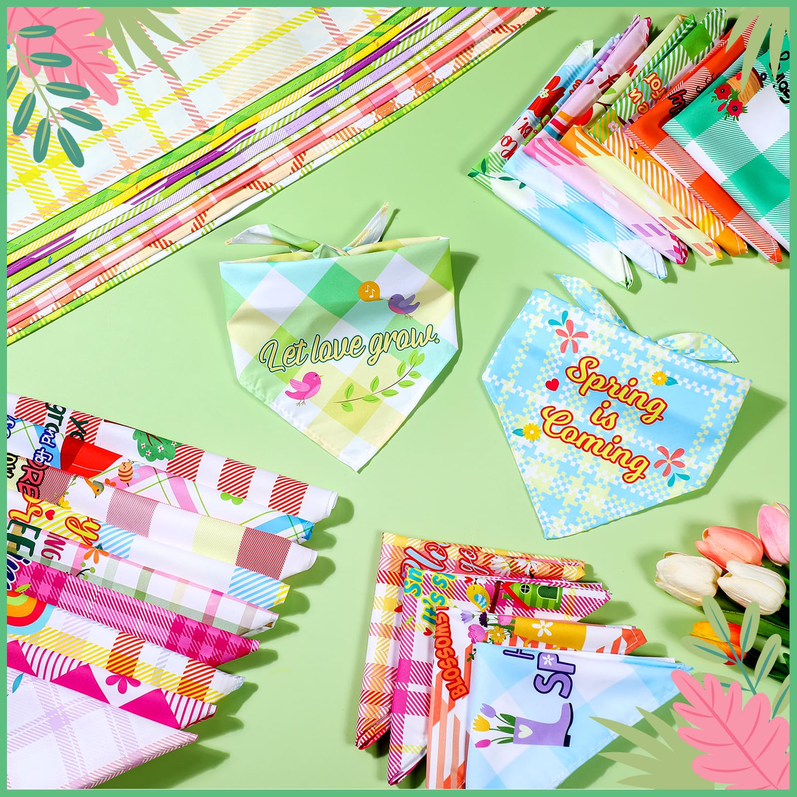 Sweetude 100 Pcs Spring Plaid Dog Bandanas Bulk With Sayings Spring Pet Scarf Bibs Adjustable Washable Kerchief Seasonal Pet Cos