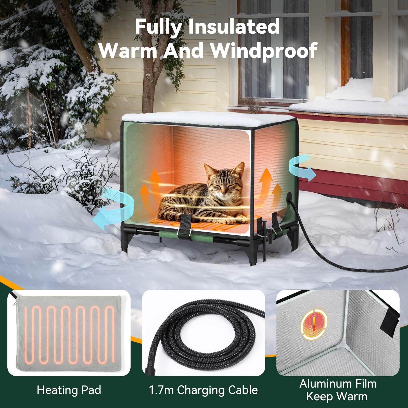 Pawaboo Indestructible Heated Cat House For Outdoor In Winter, 100% Waterproof Awning & Elevated Base, Insulated Outdoor Cat She