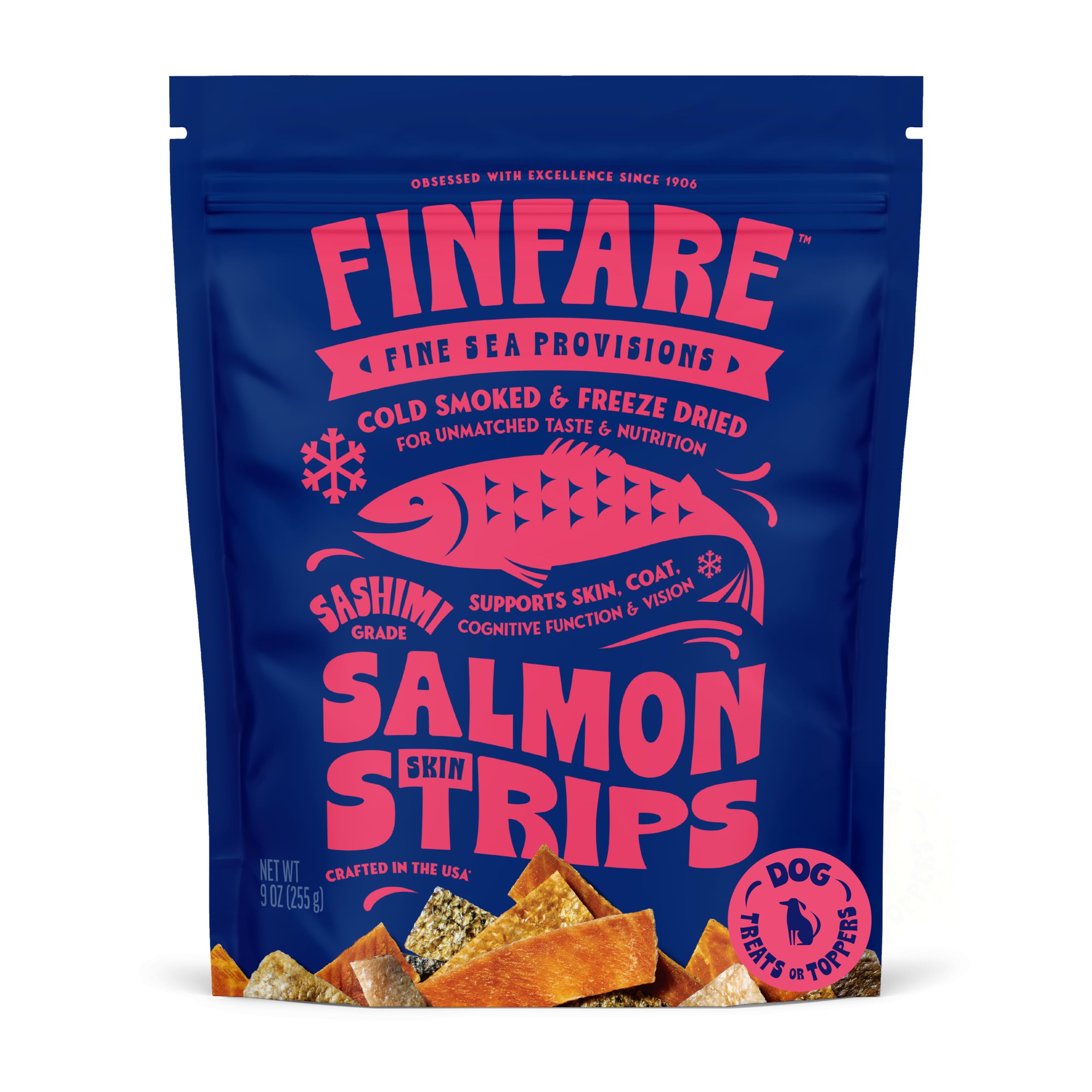 Finfare Freeze Dried Dog Treats, Salmon Skin Strips, Protein & Omega-3s, Grain Free Salmon Dog Training Treats, Crafted in USA, 