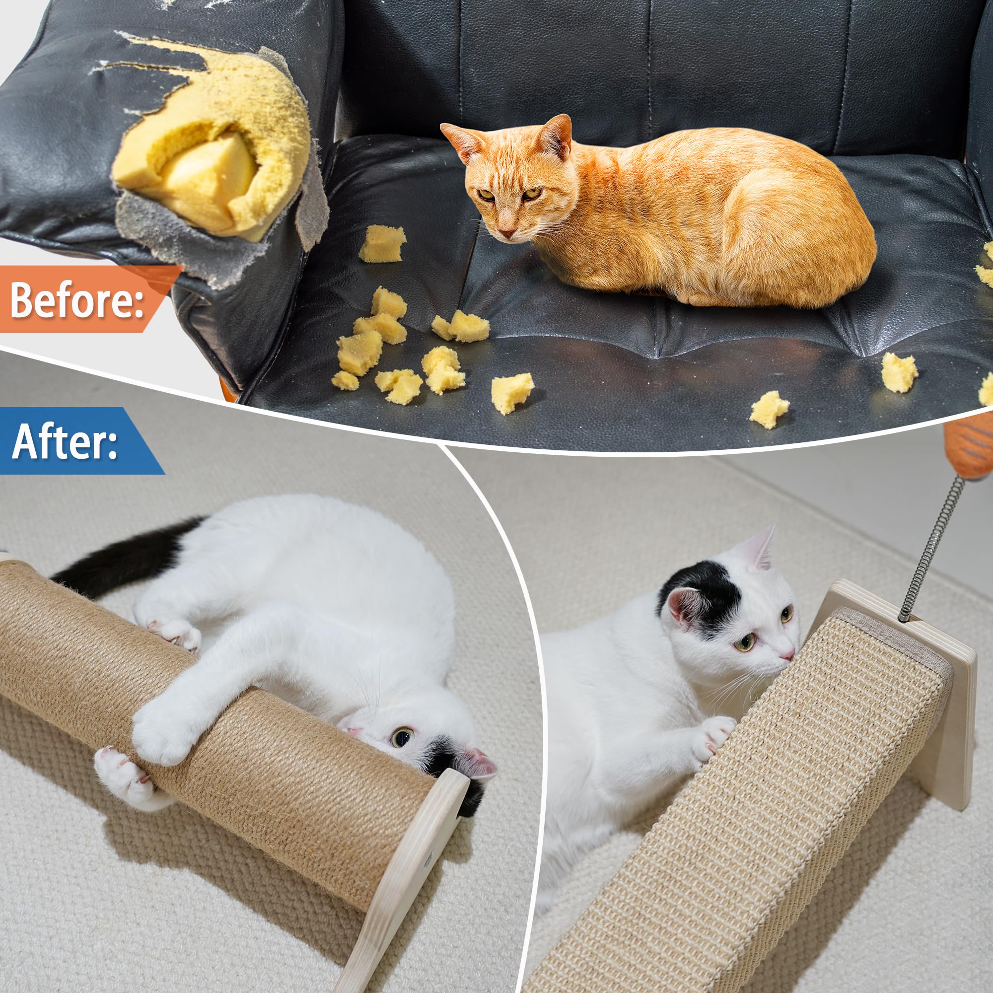 PETKARAY 30" Sisal Cat Scratching Post with Spring Toy, Beige, Model STR025-R, Large Cat Scratcher for Indoor Kittens, Protects Furniture