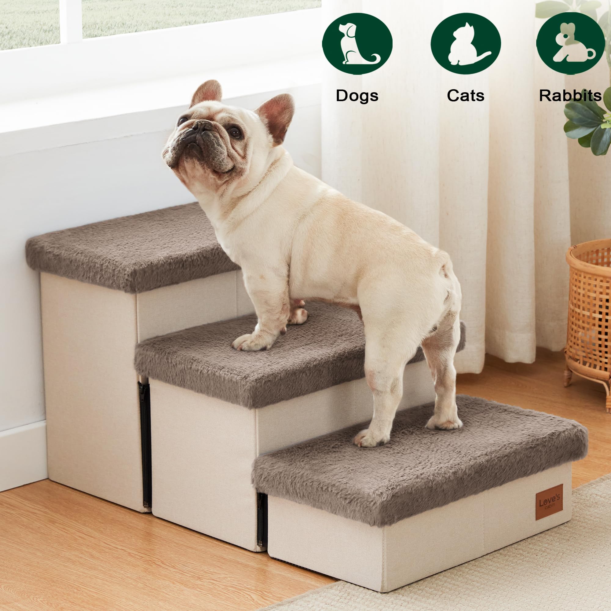 Love's Cabin Dog Stairs - 3 Steps, Foldable, 18" H, Brown Furry Lid for Small to Large Dogs, Supports up to 200 lbs