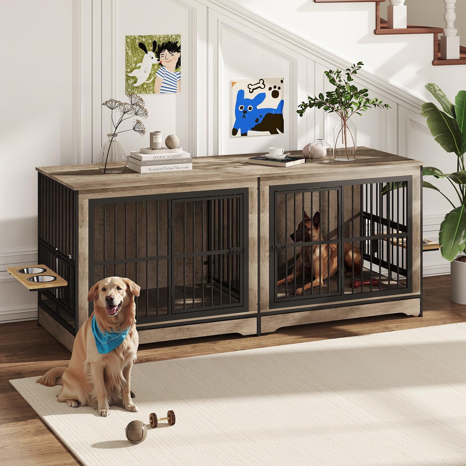 Yafylly 78 Double Dog Crate Furniture, XL Double Dog Kennel with 360 Rotating and Adjustable Height Dog Bowl Holder (4 Bowls),