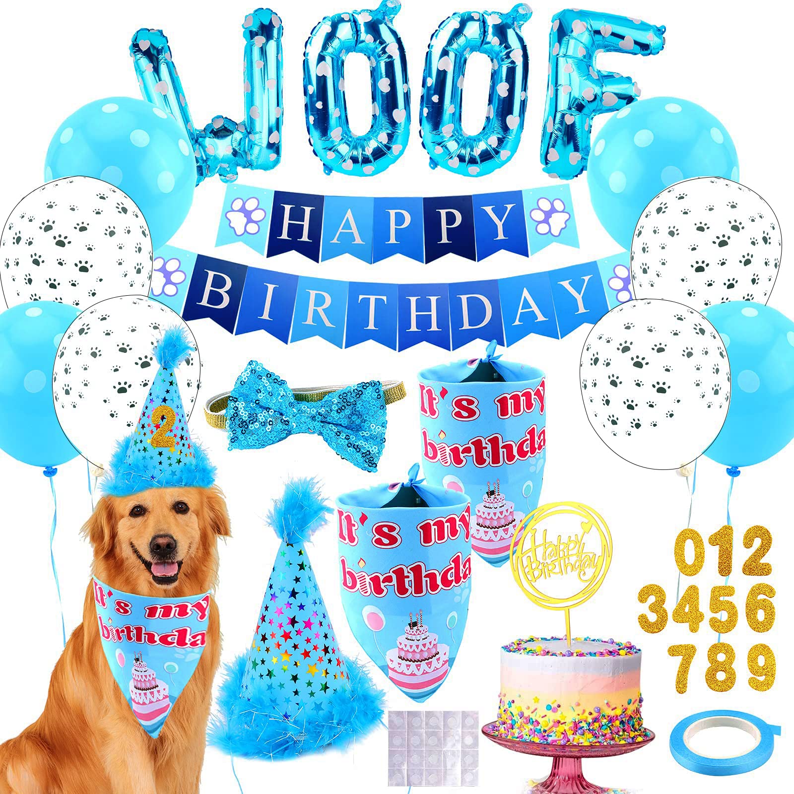 Dog Birthday Party Supplies With Dog Birthday Bandana, Dog Birthday Boy Hat,Scarf, Birthday Banner, Balloons And Bow Tie For Dog