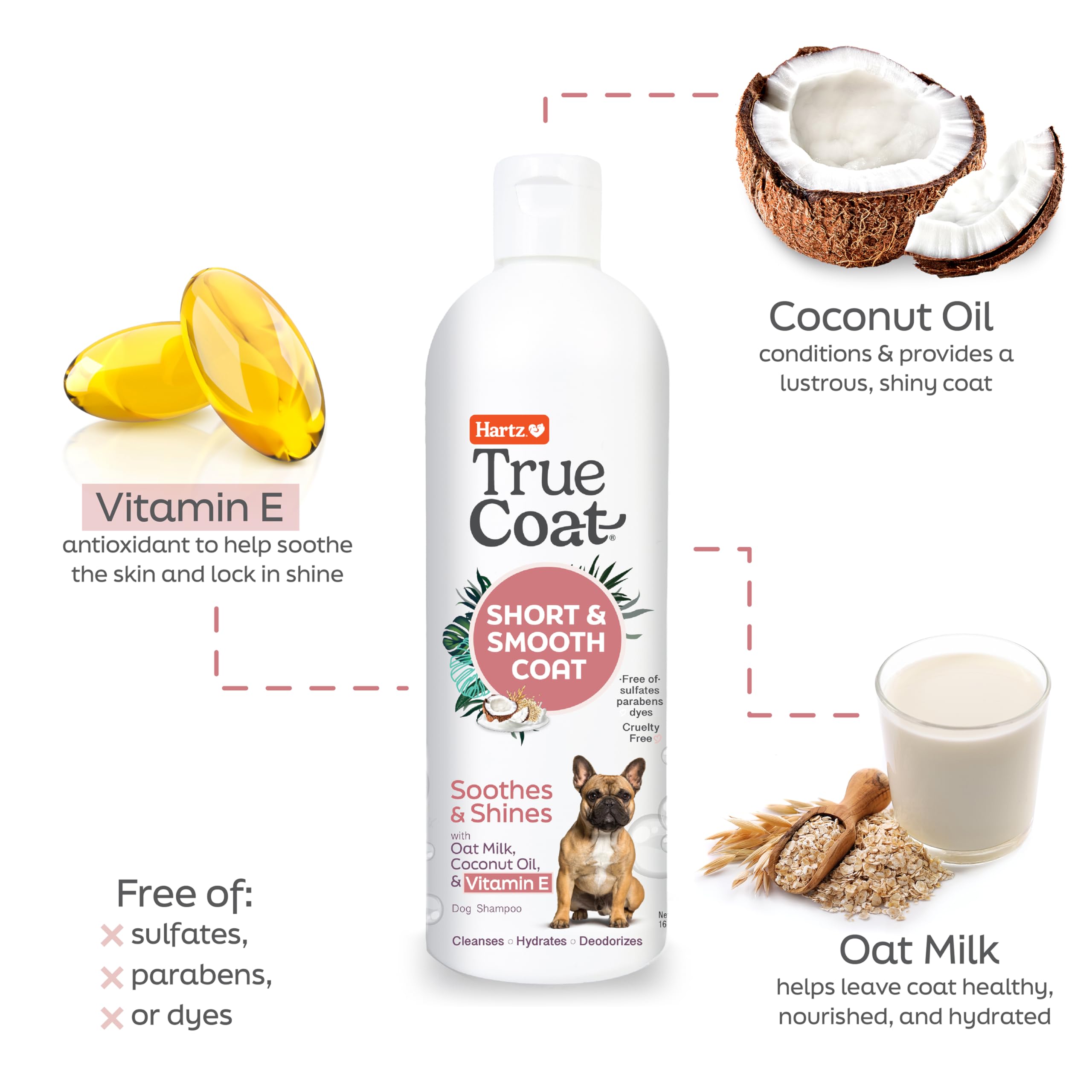 New! Hartz True Coat Short & Smooth Coat Specific Dog Shampoo, Soothes & Shines With Oat Milk, Coconut Oil & Vitamin E