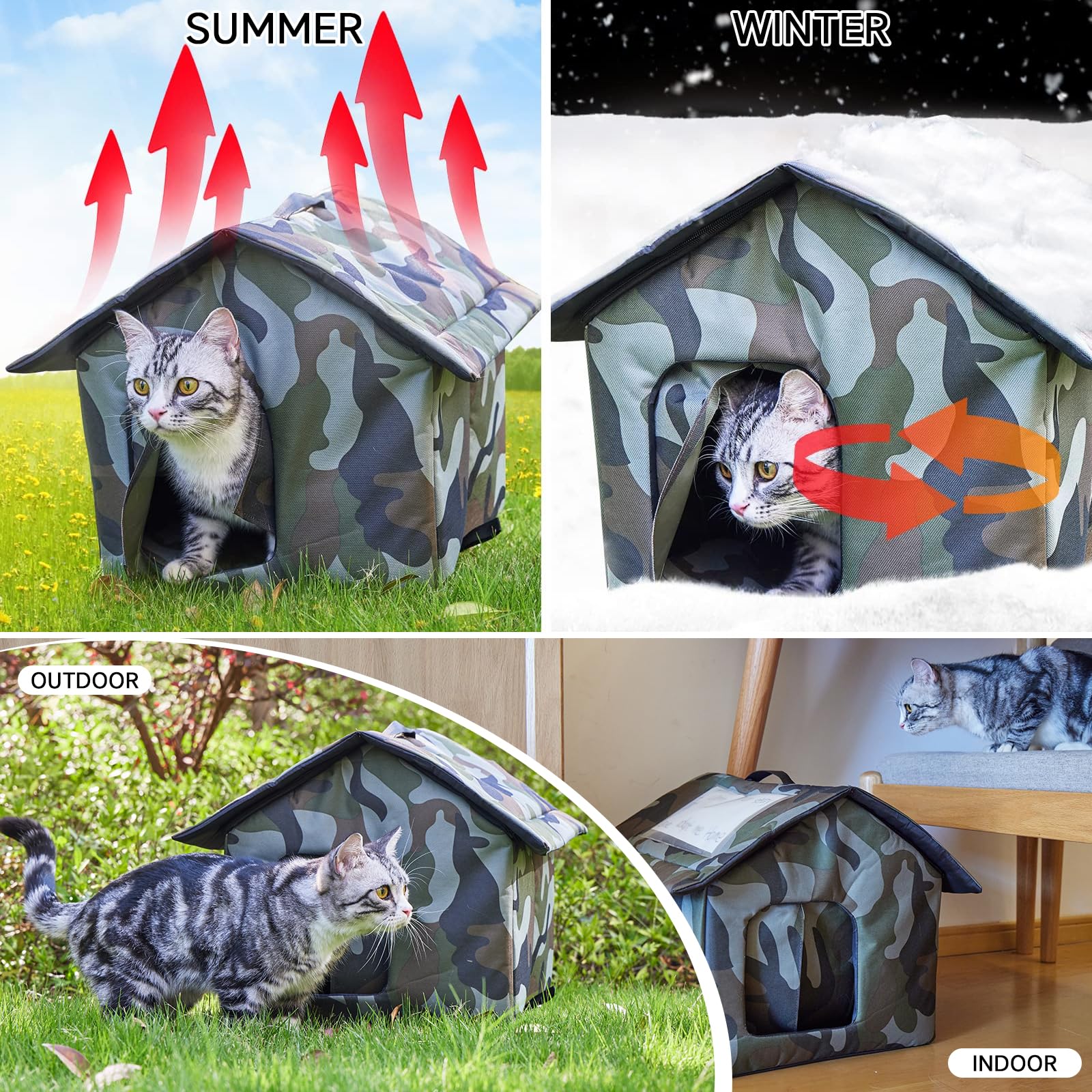 Whdpets Cat House For Outdoor Cats, Weatherproof Feral Cat House With Mat And Doors, Easy To Put Together, Collapsible Warm Pet