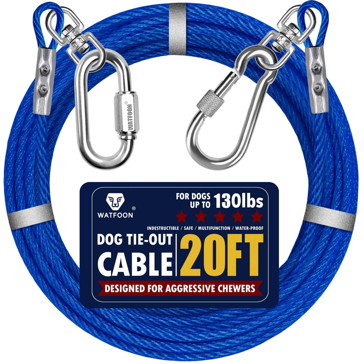 Dog Leads For Yard 20Ft 25Ft 30Ft 35Ft 40Ft 45Ft 50Ft 55Ft 65Ft 100Ft Dog Tie Out Cable Runner Steel Tieout Heavy Duty Tether Chew Proof Long Dog Chains For Outside, Camping, Park (20Ft-Blue)