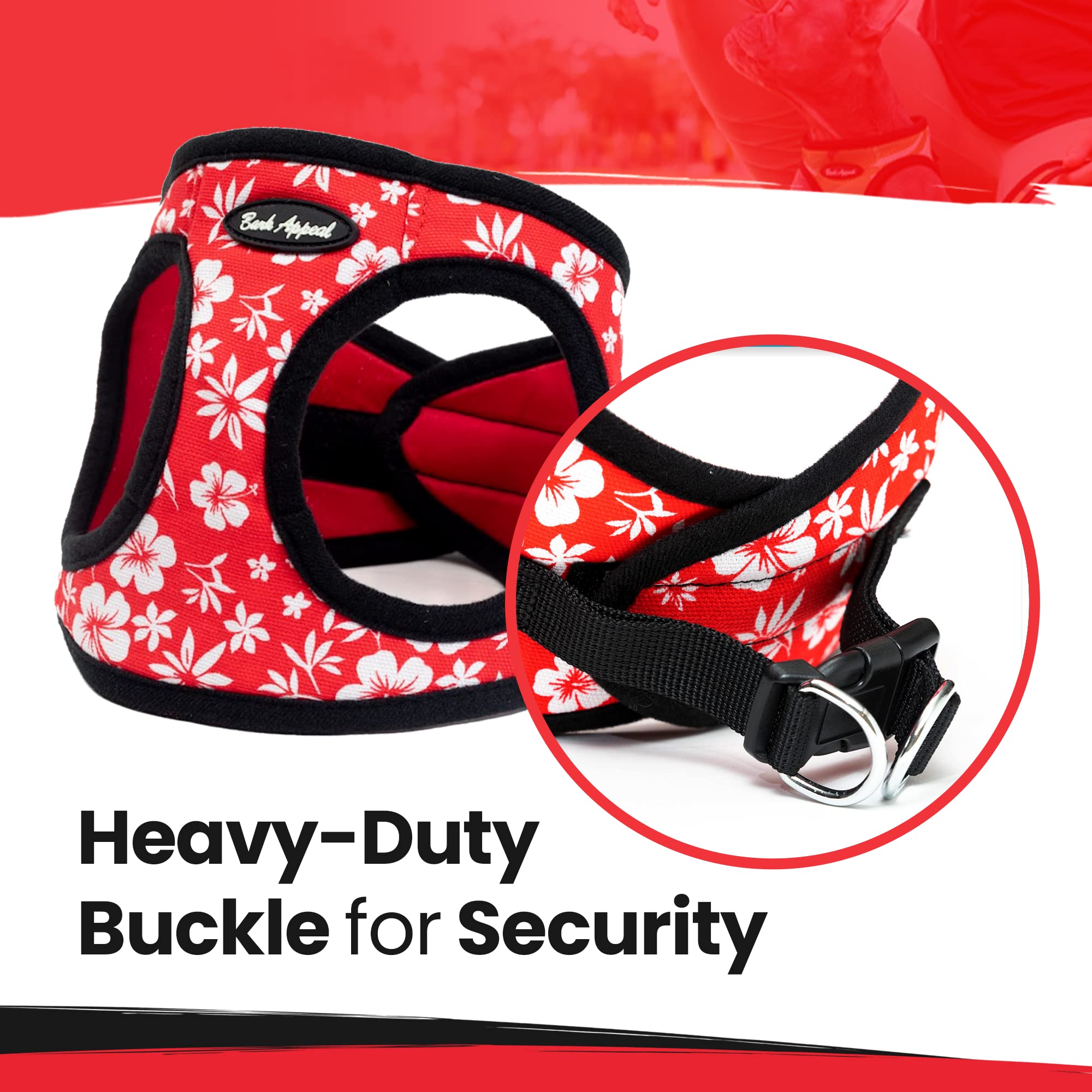 Bark Appeal Step-In Dog Harness, Mesh Step In Dog Vest Harness For Small & Medium Dogs, Non-Choking With Adjustable Heavy-Duty Buckle For Safe, Secure Fit - (Xl, Red Hibiscus)