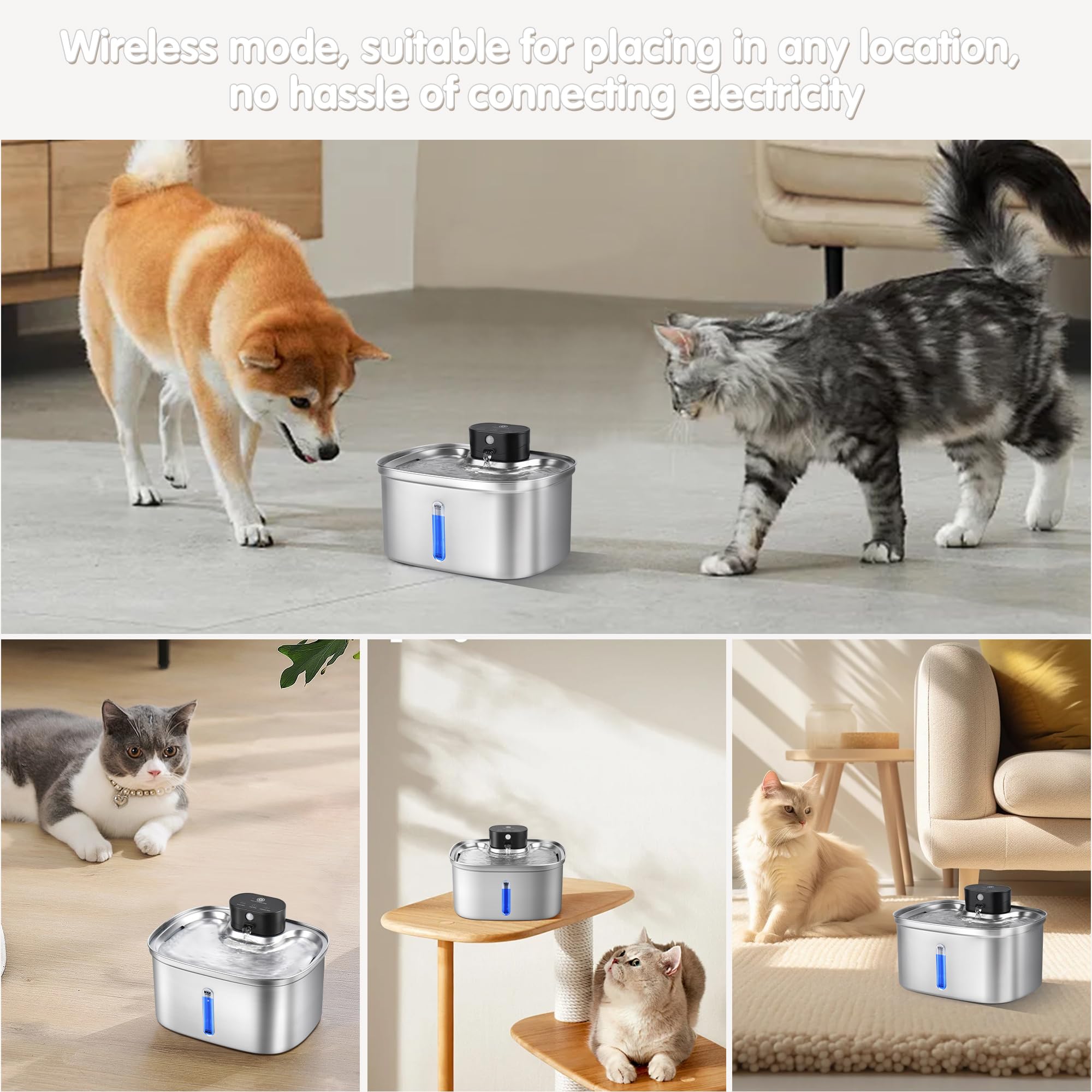 Boorca Cat Water Fountain Cordless, 169Oz/5L Wireless Smart Pet Water Fountain With 5000Mah Battery & Ultra Quiet Pump, Stainles