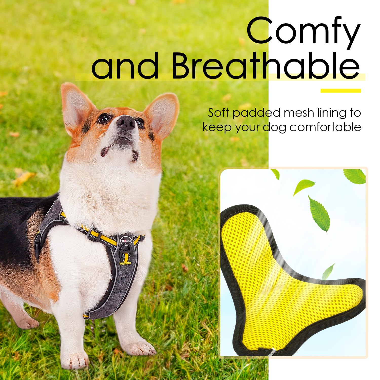 ThinkPet Large Yellow Dog Harness - No Pull Escape Proof Nylon Vest with Front Clip, Padded Reflective Halter for Training and Hiking