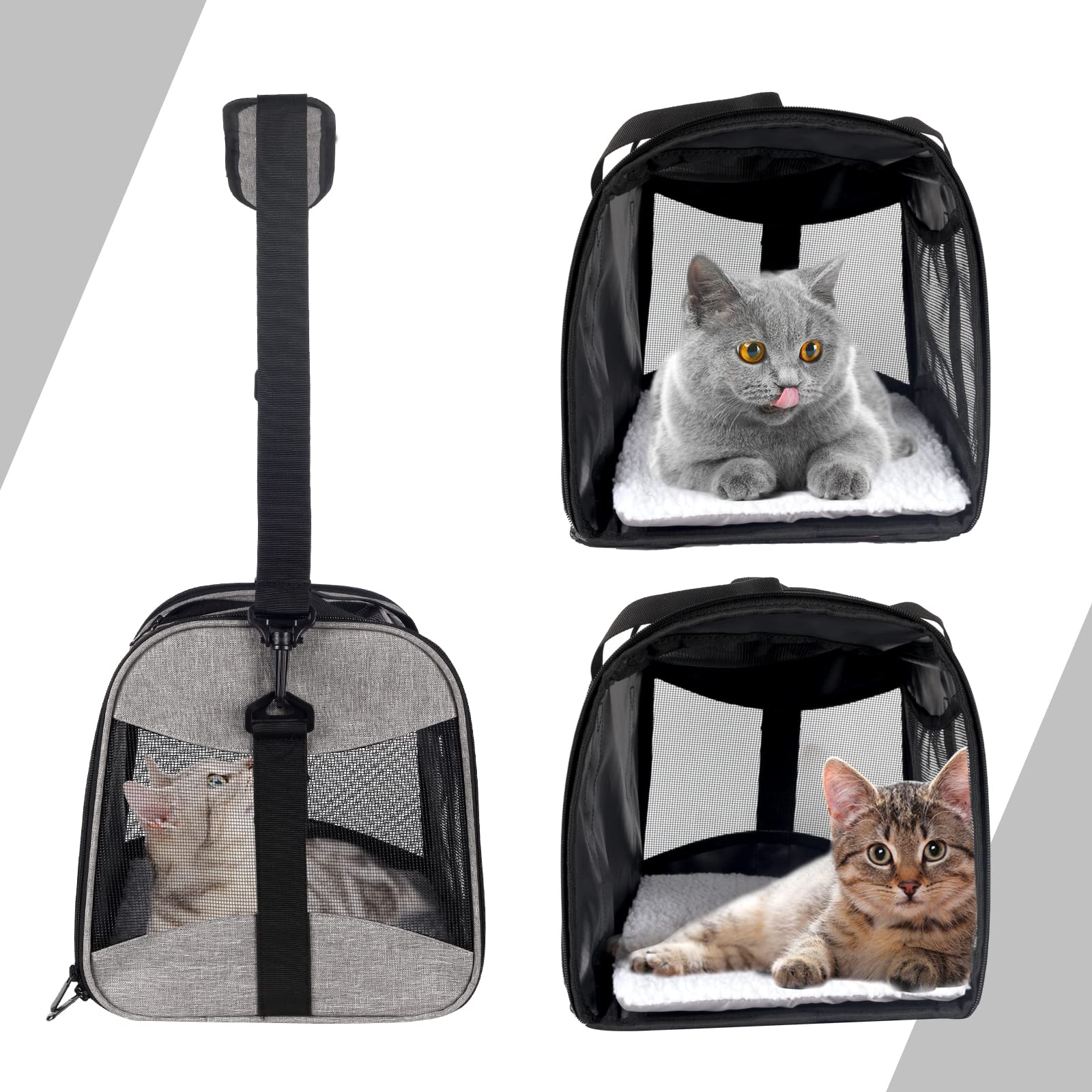 Cat Carrying Case - Pet Carrier Airline Approved, Protable And Breathable Pet Travel Carrier Removable Fleece Pad, Collapsible Cat Carrier Dog Carrier For Medium Cats Small Cats Dogs (X-L Grey&Black)