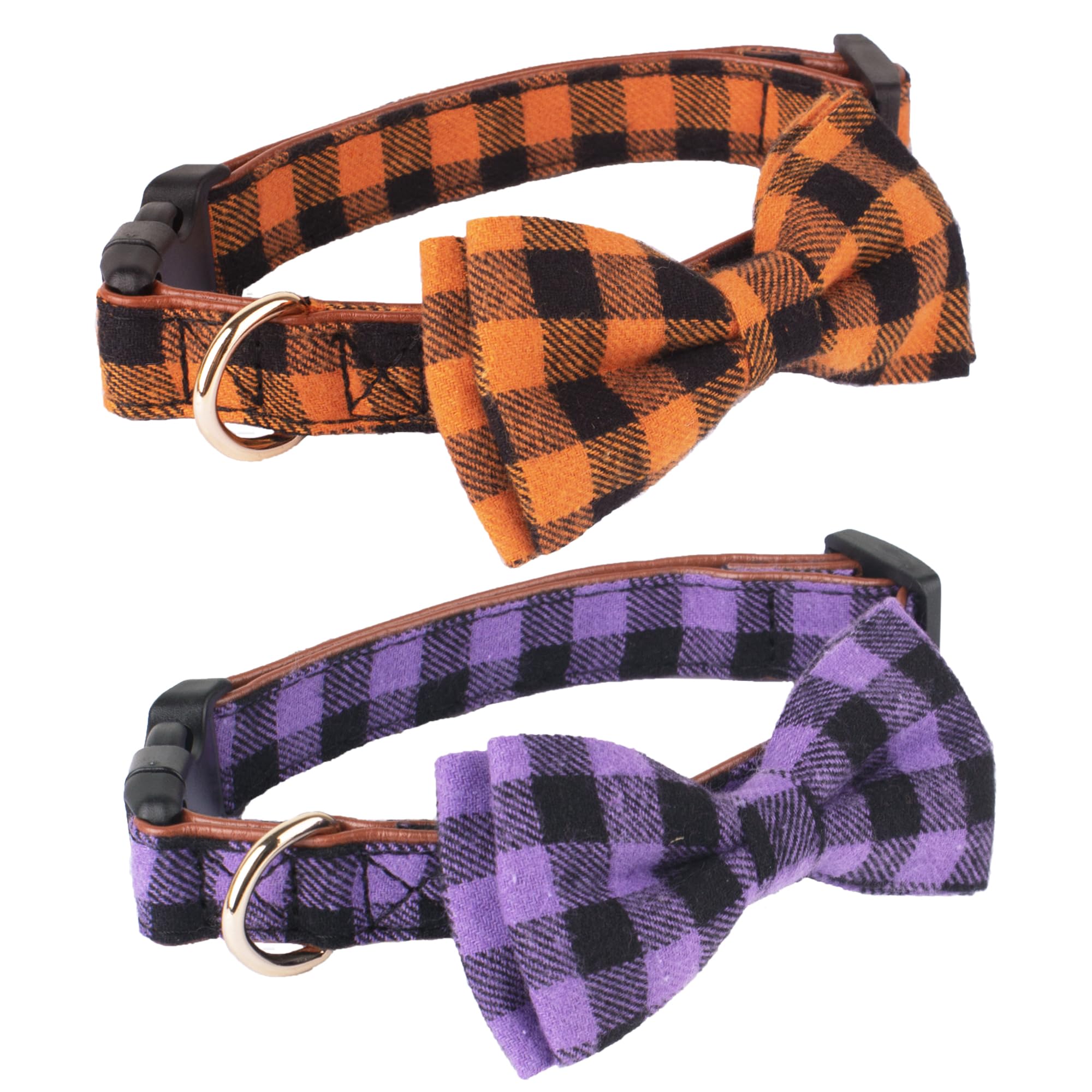 Adoggygo Halloween Dog Collar With Bow, Adjustable Plaid Dog Collars With Removable Bowtie Orange Purple Plaid Halloween Collars For Medium Dogs Pets (Medium, Orange&Purple)