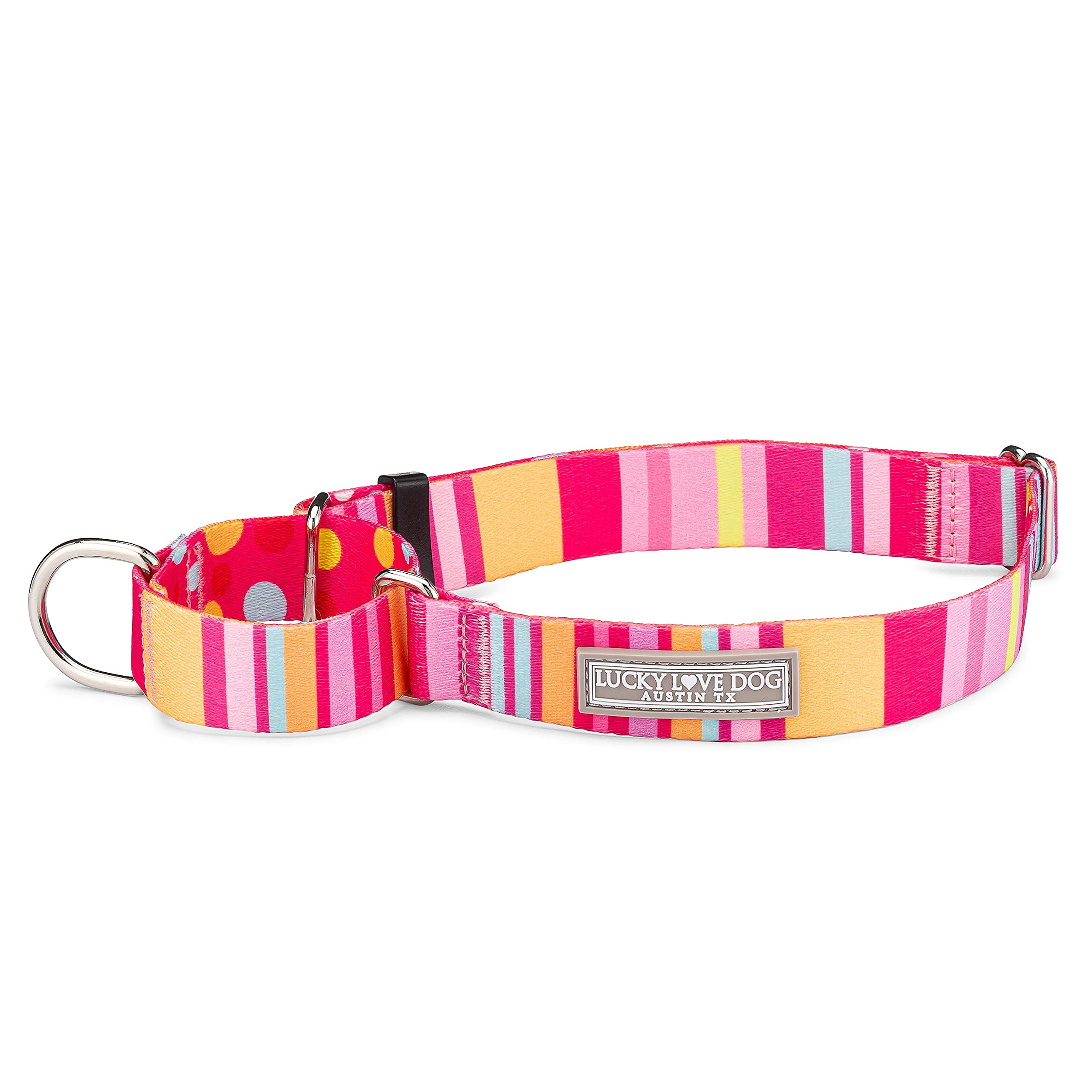 Lucky Love Dog, Colorful Stripes Martingale Dog Collar, Yellow, Pink, Blue Color No Slip Dog Collar - (Small, Molly Martingale)