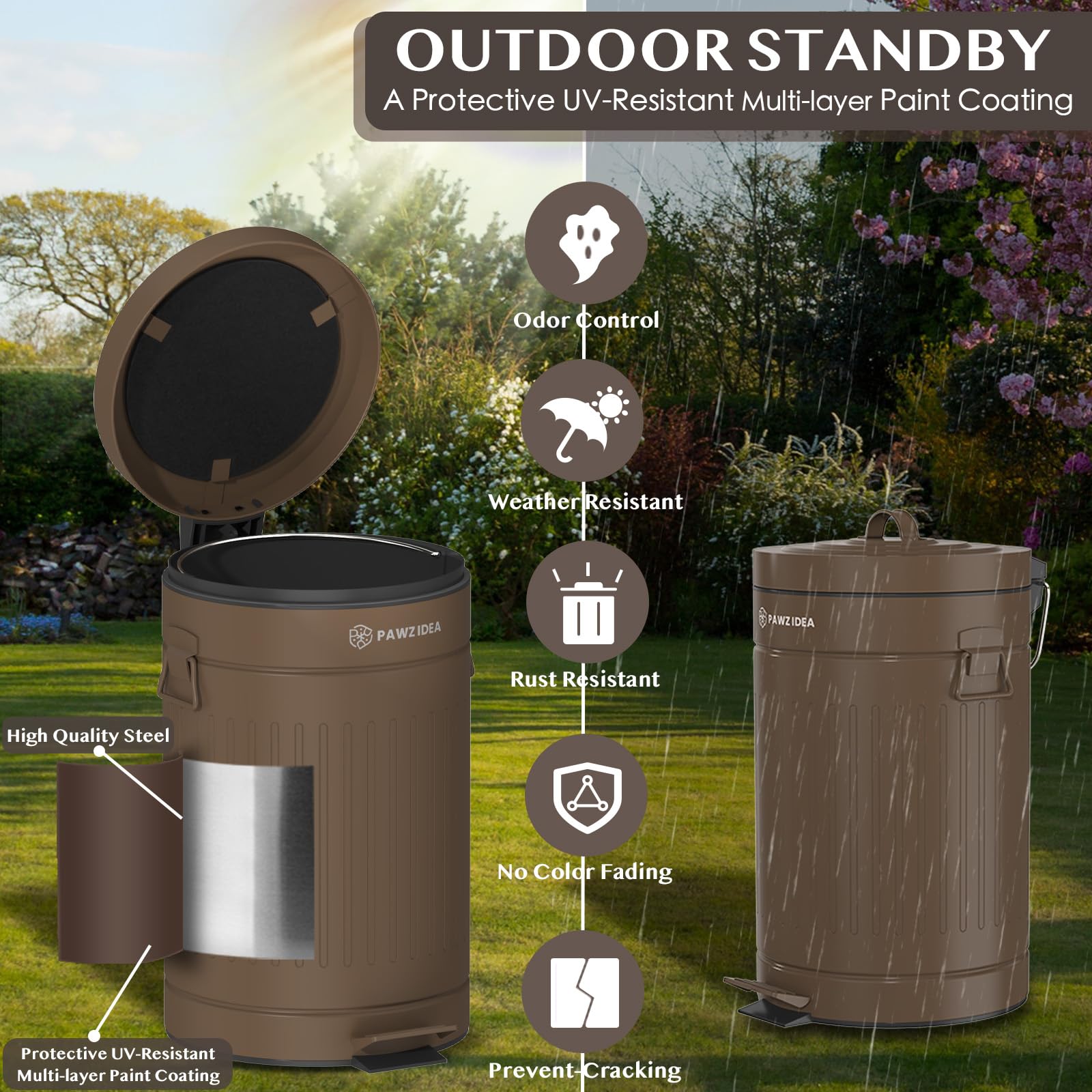 PAWZIDEA 3.1Gallon Dog Poop Trash Can - Waterproof Outdoor Waste Bin with Lid, Odor Control & Activated Carbon Filter, Chocolate Brown