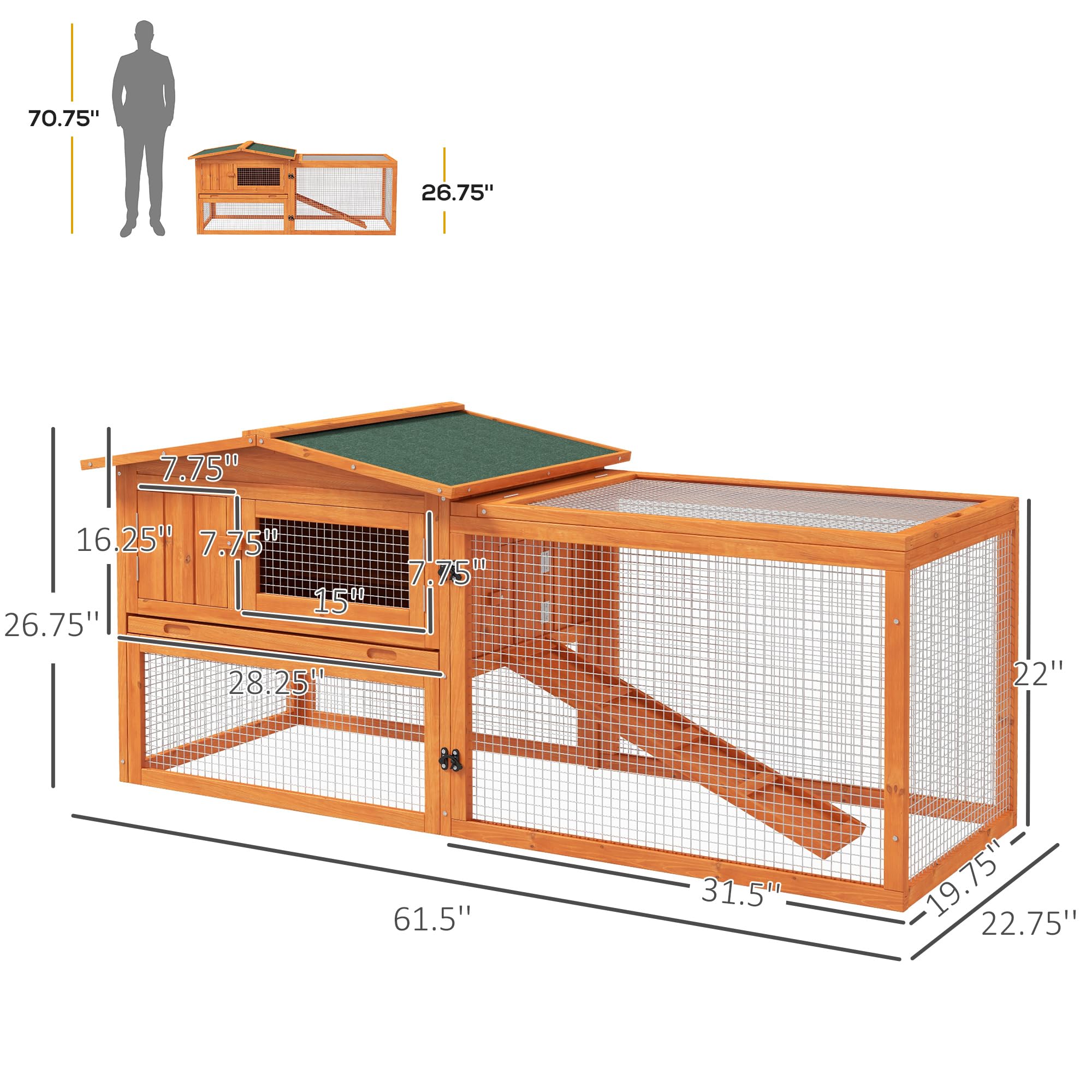 Pawhut Rabbit Hutch 2-Story Bunny Cage, Guinea Pig Cage, Small Animal House With Slide Out Tray, For Indoor Outdoor, 61.5' X 23' X 27', Natural