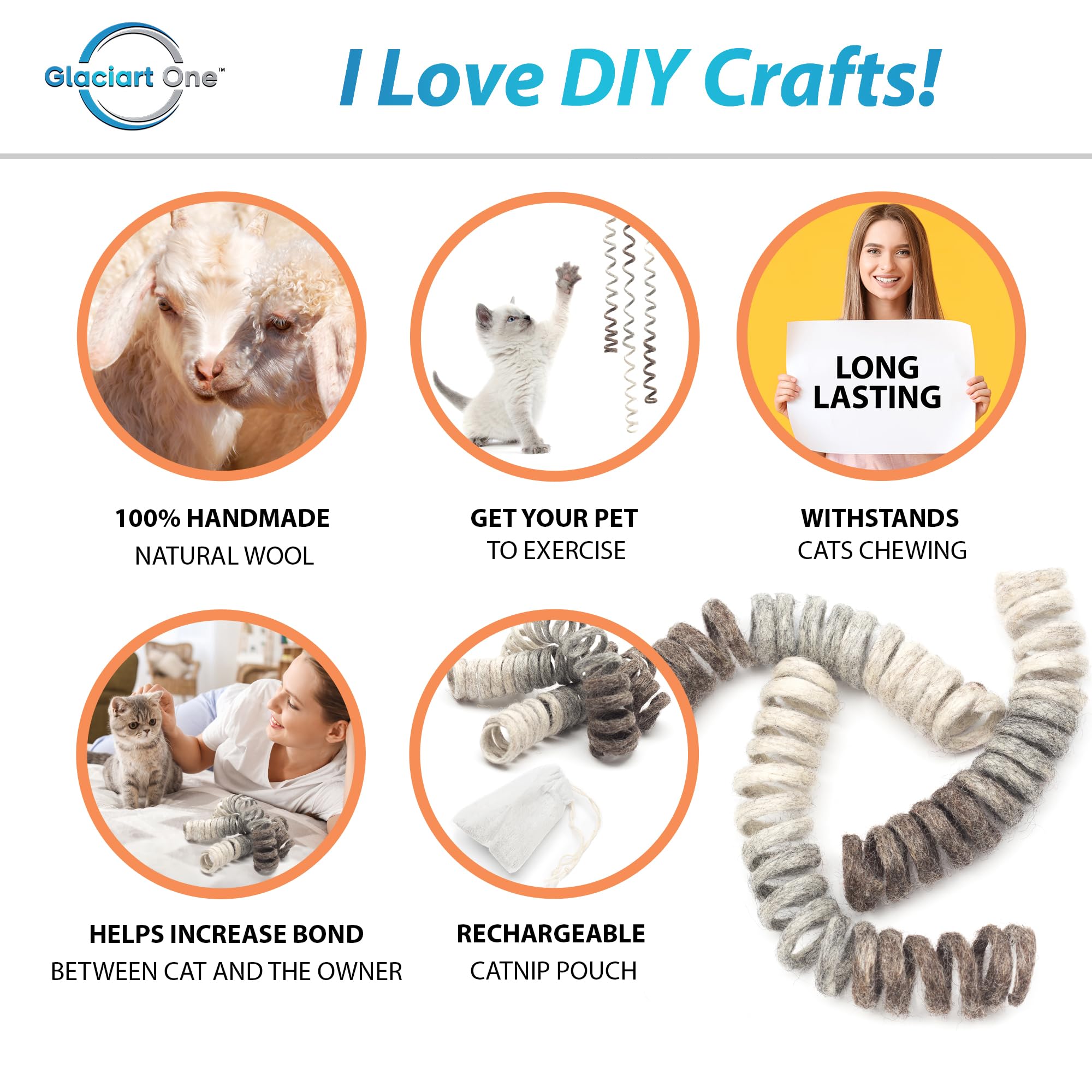 Glaciart One Felt Spring Cat Toy - 3 Pcs Soft Fuzzy Enrichment 100% Natural Wool - Interactive Stretchable Play Cat Toy Set - Sa