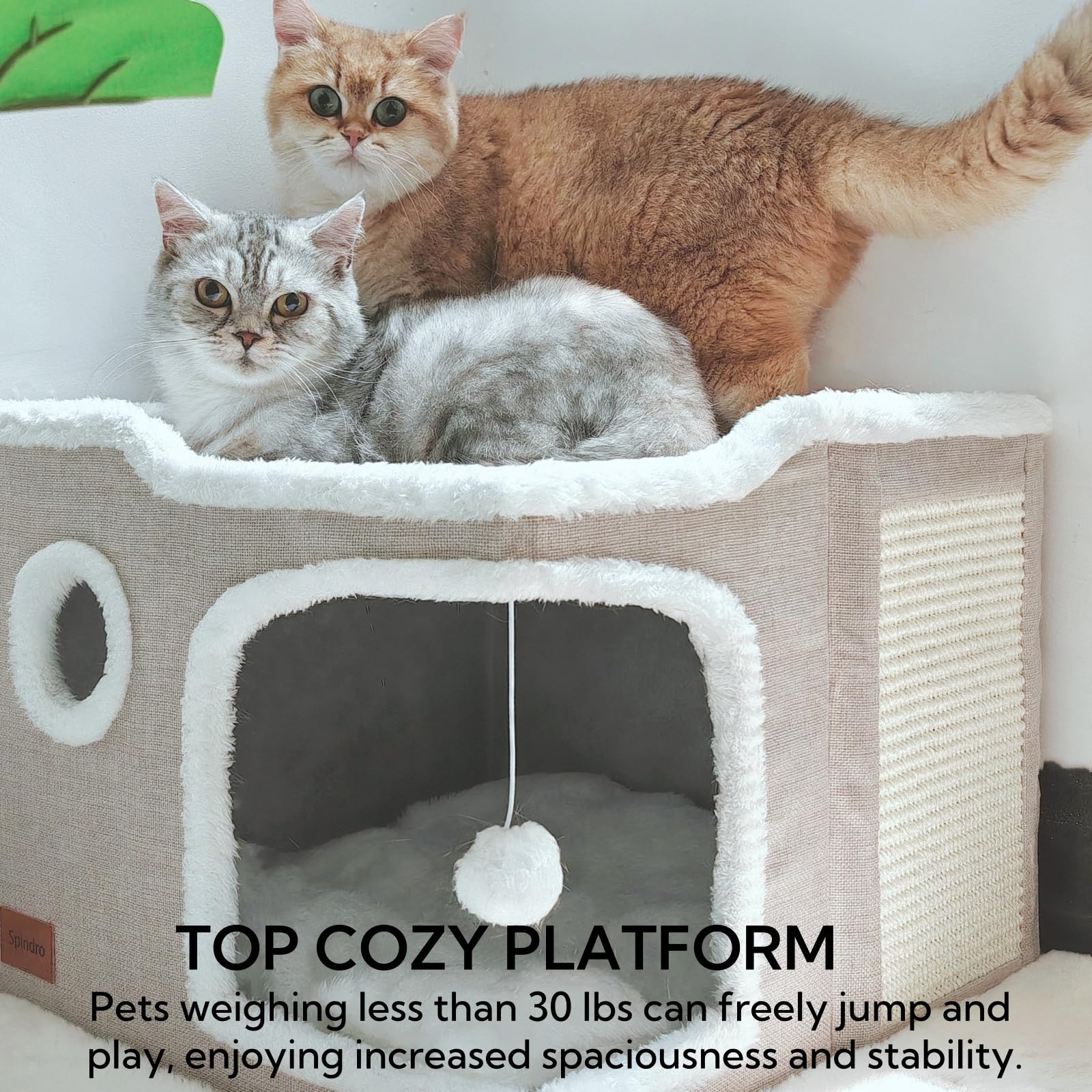 Spindro Large Cat Cave Bed for Indoor Cats, Foldable Pet House Cube with Scratch Pad, Kitten Condo Cat Hideaway Cute Hut with So