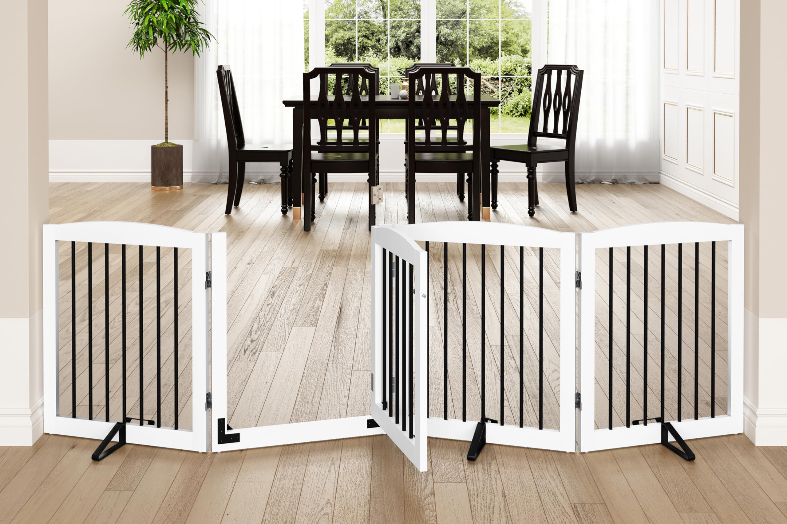 PUPETPO Freestanding Dog Gate with Door, Pet Gate for Stairs, 80 inch Wide Pet Barrier Indoor, Dog Fences Indoor, Support Feet I