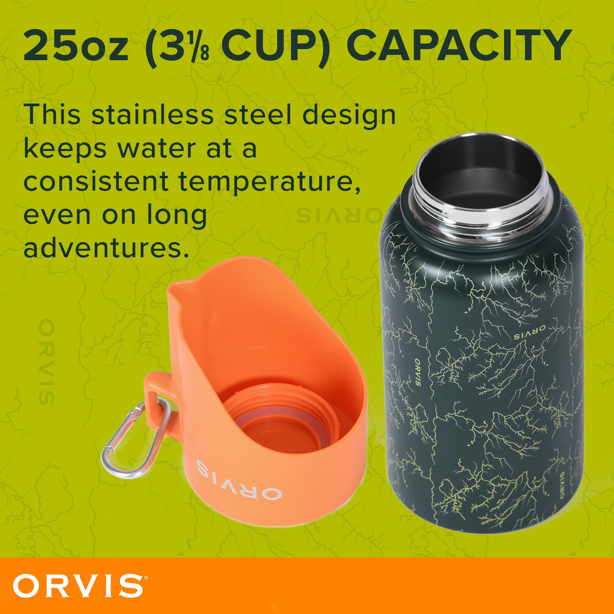 Orvis Dog Travel Water Bottle, 25Oz Capacity | Portable Pet Waterer With Built-In Bowl | Stainless Steel, High Visibility Orange
