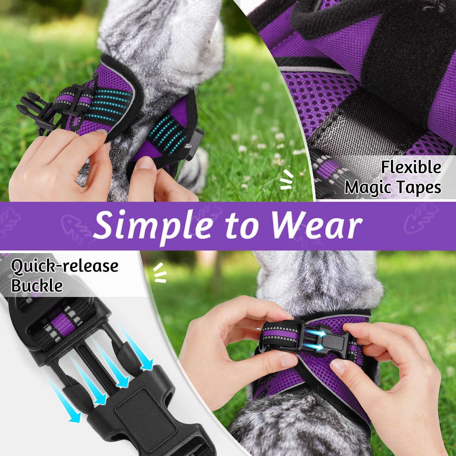 Rabbitgoo Cat Harness And Leash Set For Walking Escape Proof, Adjustable Soft Kittens Vest With Reflective Strip For Cats, Comfortable Outdoor Vest, Purple, Xl
