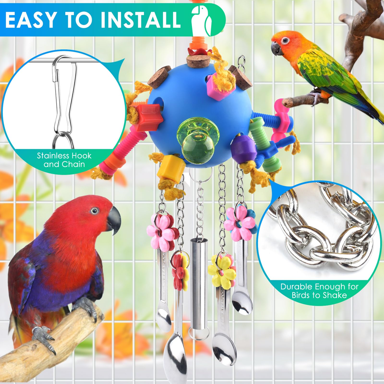 KATUMO Bird Toys, Parrot Pull Spoons Colorful Acrylic Stick Toys Bird Chew Toys for Amazon Parrot, African Grey, Conure, Caique,
