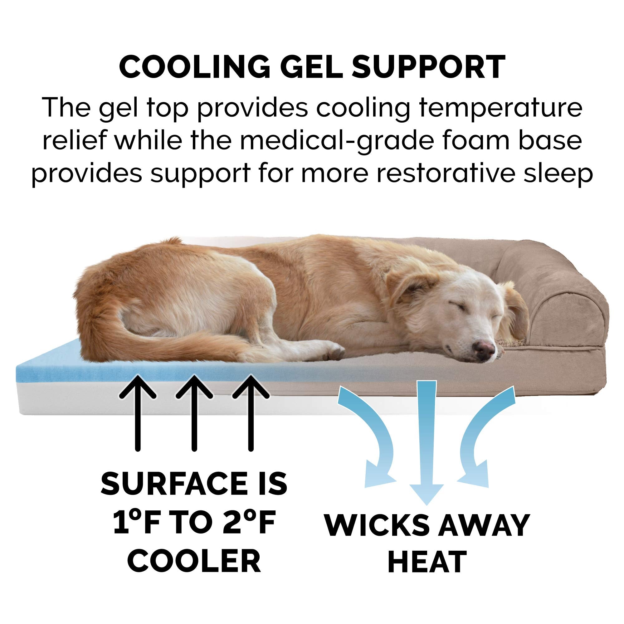 Furhaven Cooling Gel Dog Bed for Large Dogs w/ Removable Bolsters & Washable Cover, For Dogs Up to 125 lbs - Plush & Suede Sofa