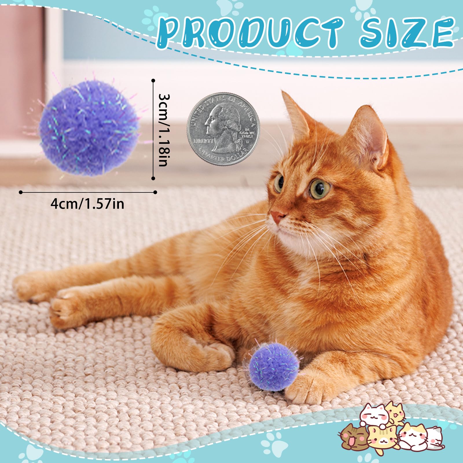 Cat Pom Pom Balls 60 Pcs Assorted Color Sparkle Cat Toys Balls 1.5 Inch Interactive Cat Balls Toys For Indoor Cats For Kittens E