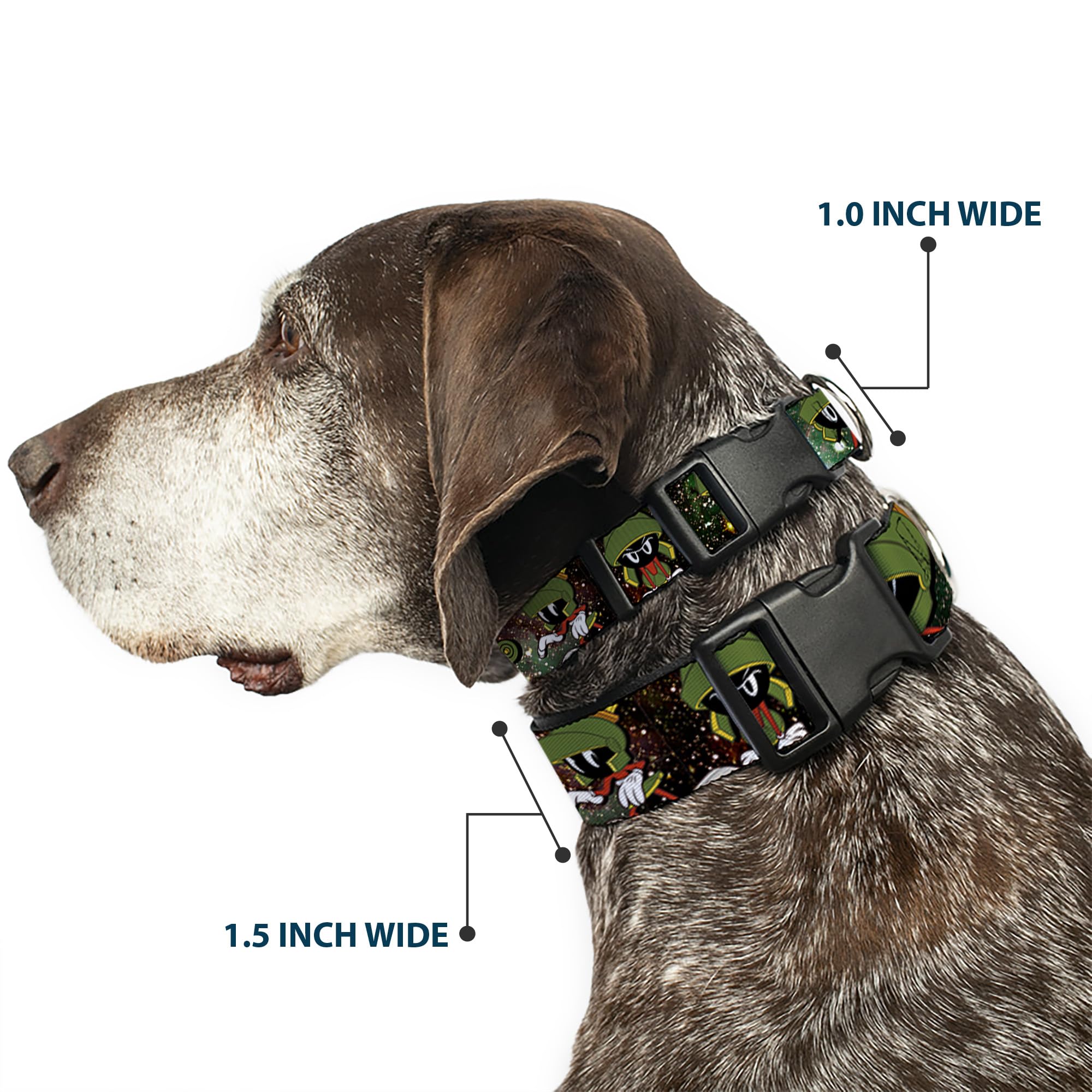 Buckle-Down Dog Collar Plastic Clip Marvin The Martian 4 Poses Galaxy, Multicolor, 1.5 Wide - Fits 16-23 Neck - Medium (