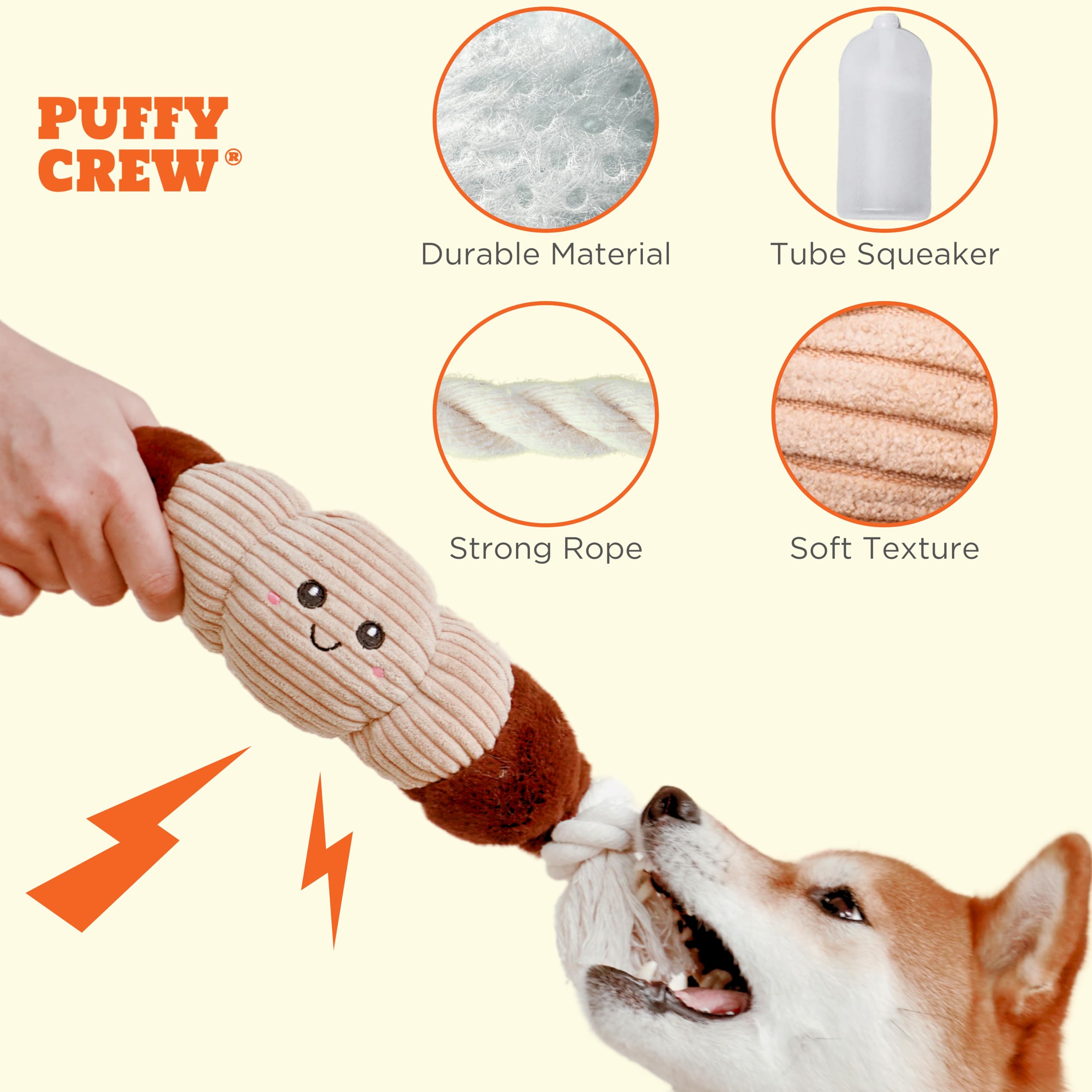Puffy Crew Squeaky Dog Plush Toy, Bakery Bite_Stick Collection, 12, For Various Sized Dogs (Croissant, Large)